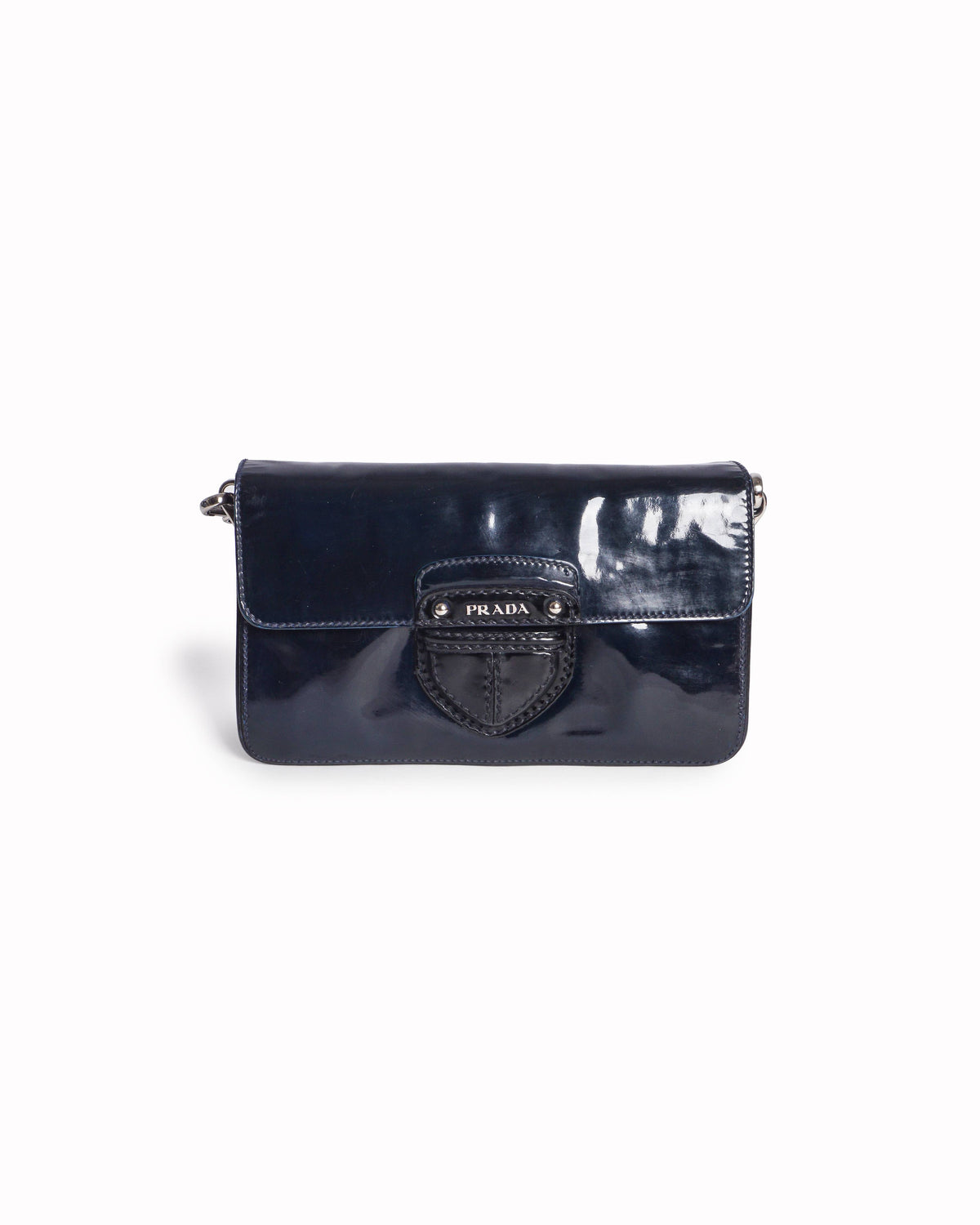 Prada Blue / Black Vernice Patent Leather Buckle Flap Shoulder Bag