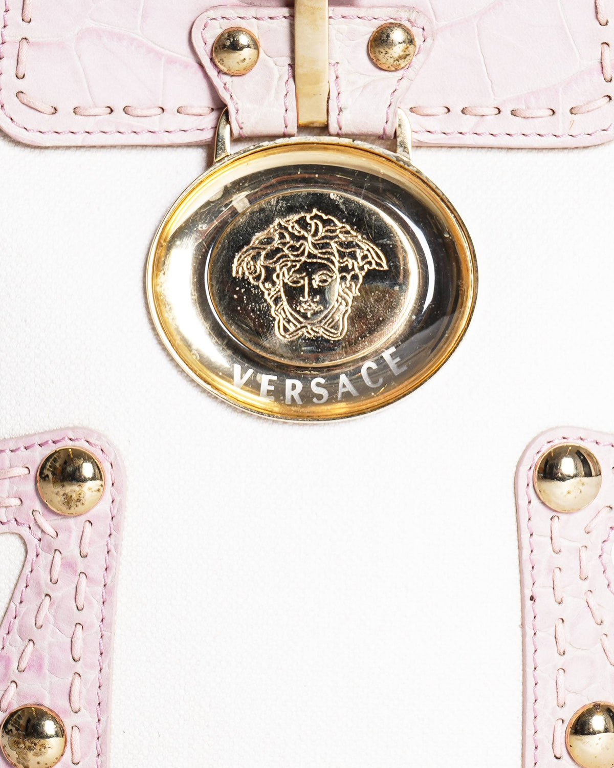 Versace Canvas and Croc-Embossed Leather Medusa Handbag