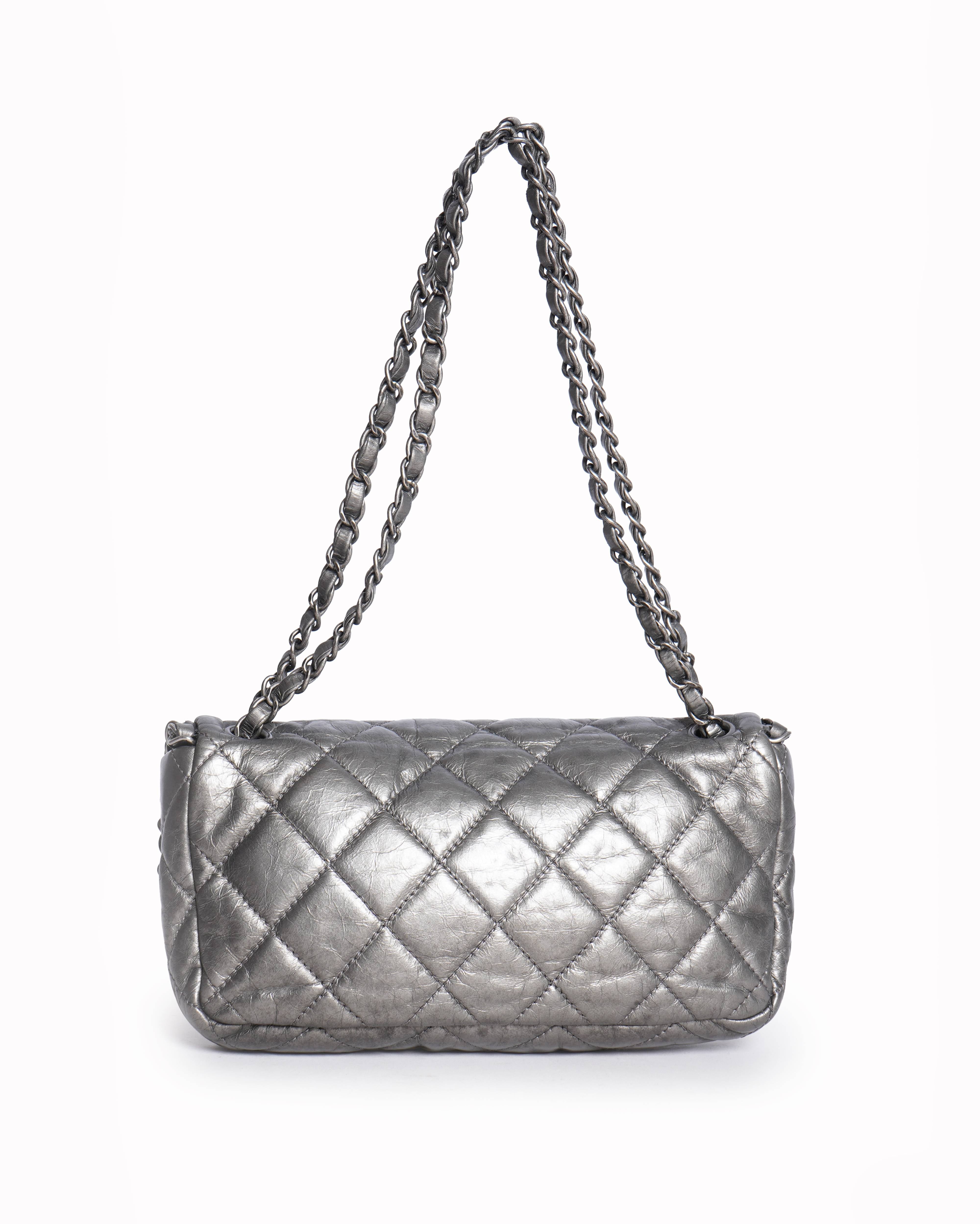 Chanel Metallic Silver Quilted Leather Chain Me Mini Flap Bag