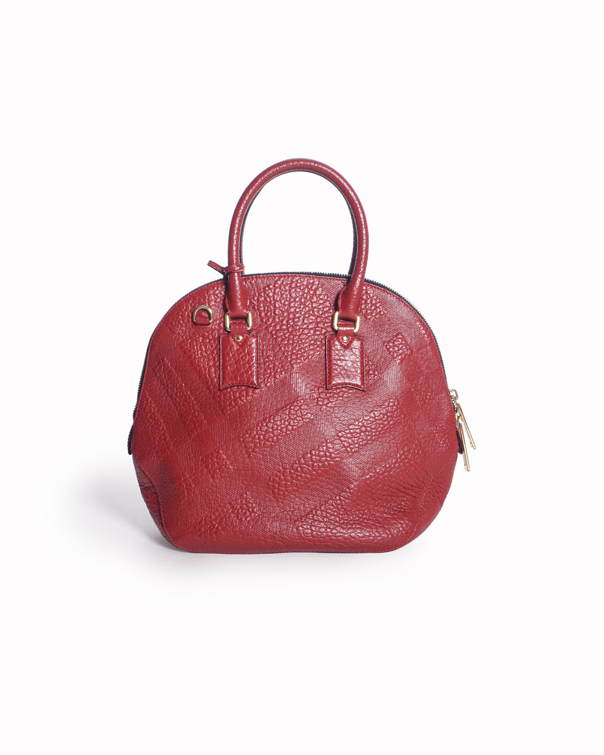 Burberry Red Embossed Check Grained Leather Dome Satchel Bag