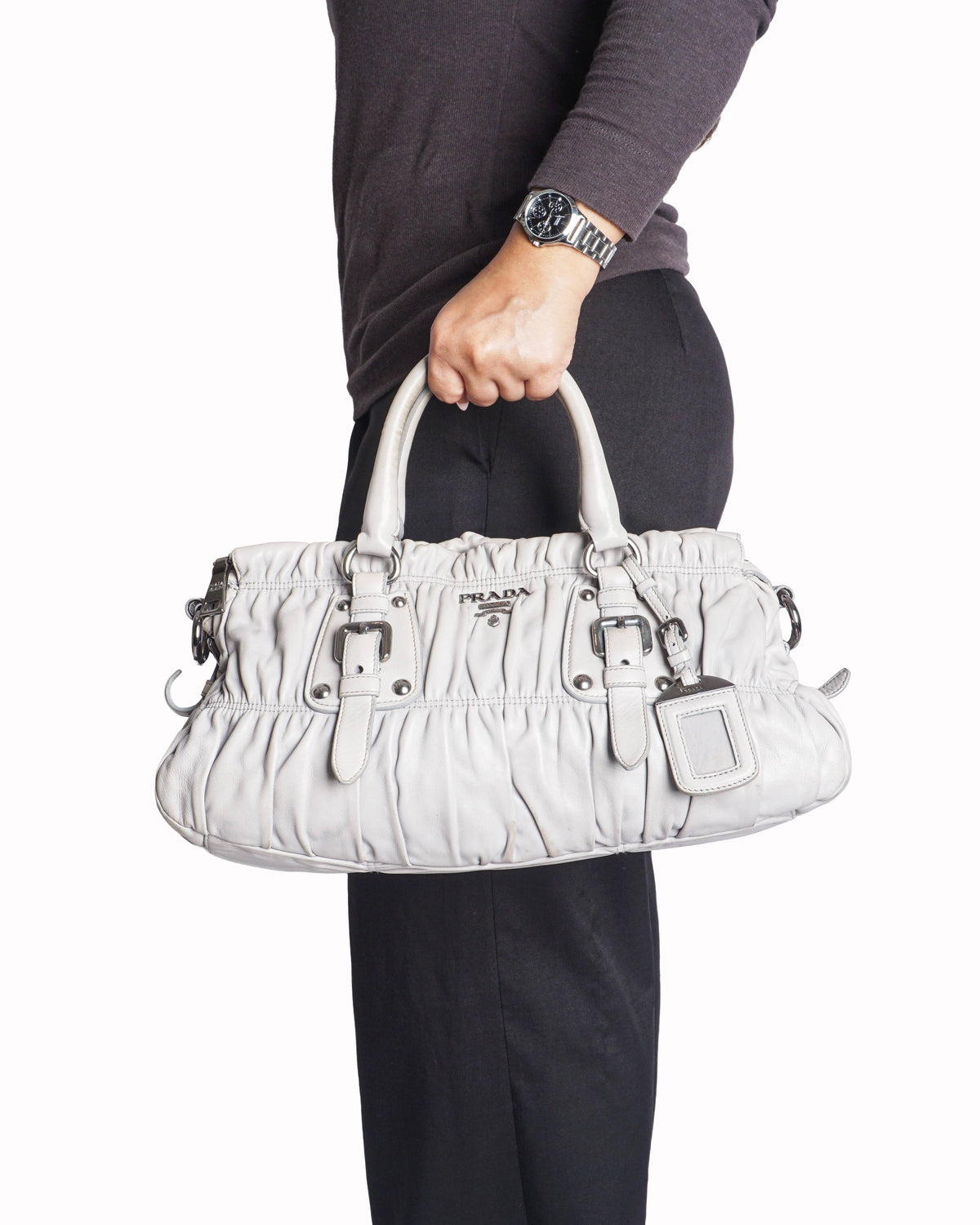 Prada Beige Nappa Gaufre Ruched Leather Shoulder Bag