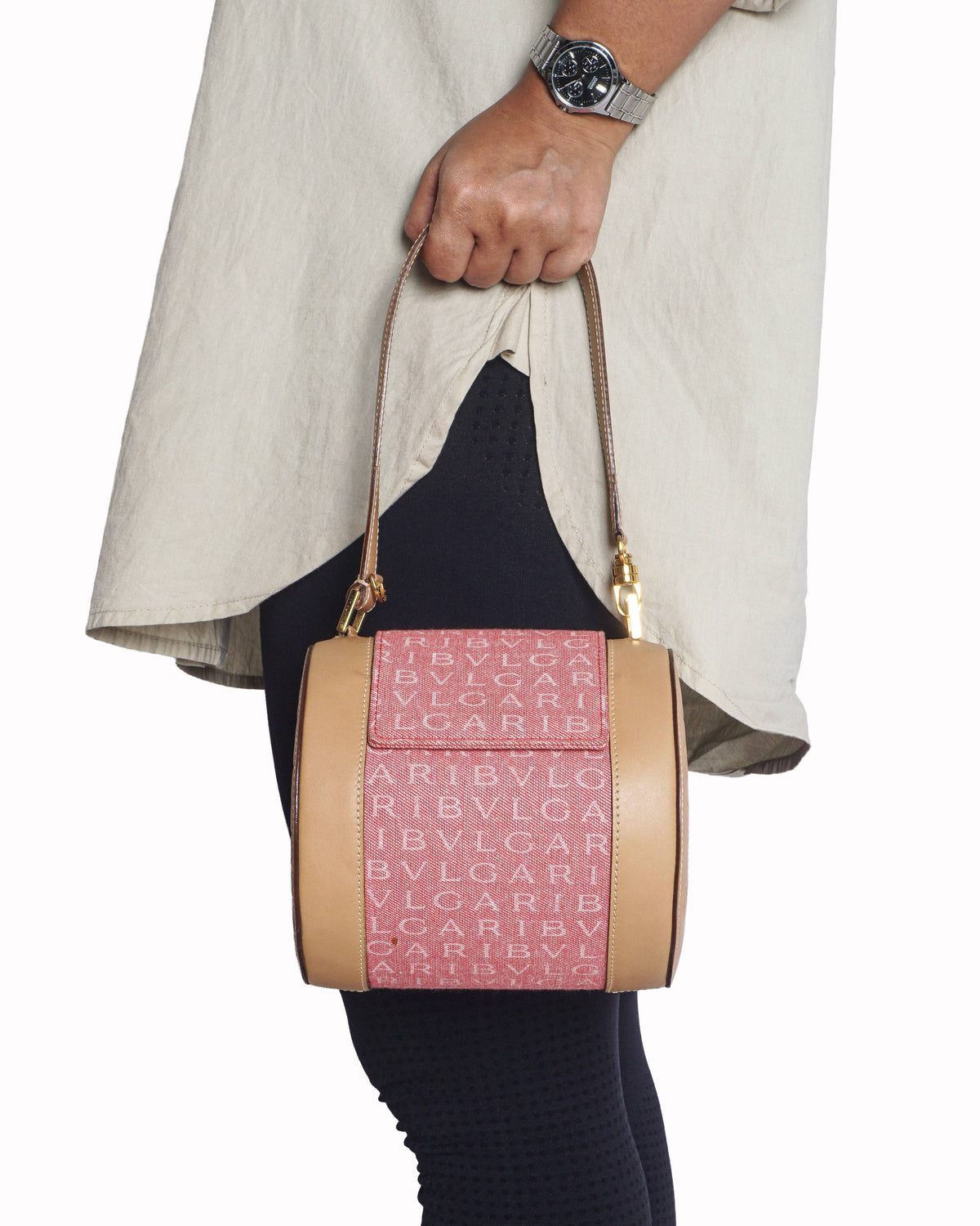 Bvlgari Pink Logomania Canvas & Tan Leather Barrel Bag