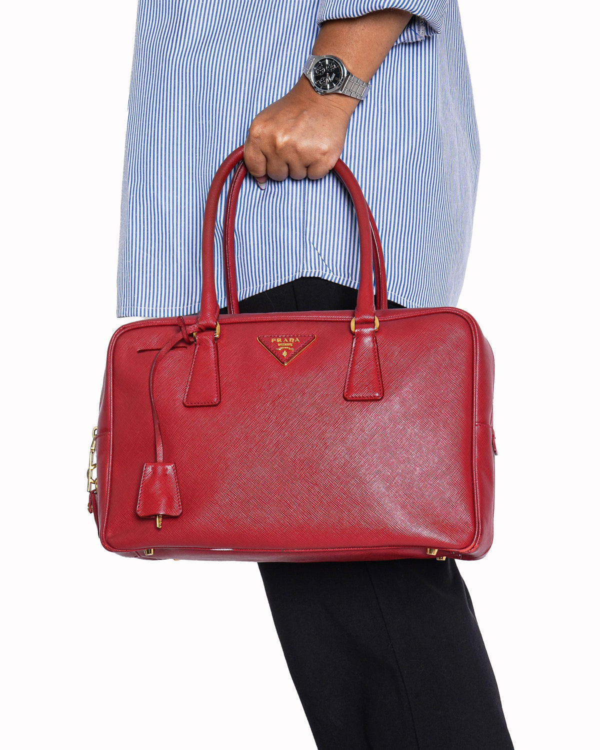 Prada Red Saffiano Lux Leather Zip Bauletto Bag