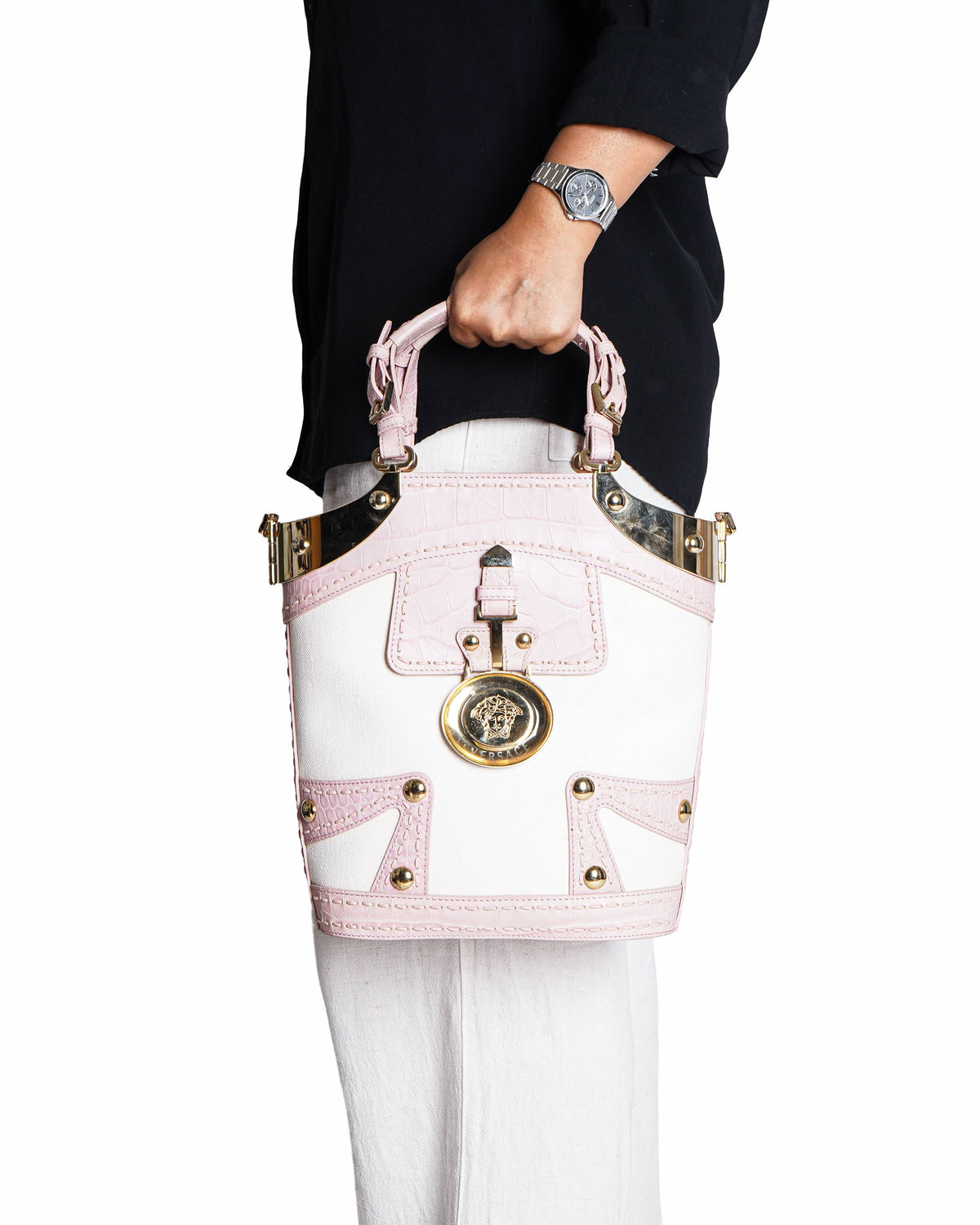 Versace Canvas and Croc-Embossed Leather Medusa Handbag