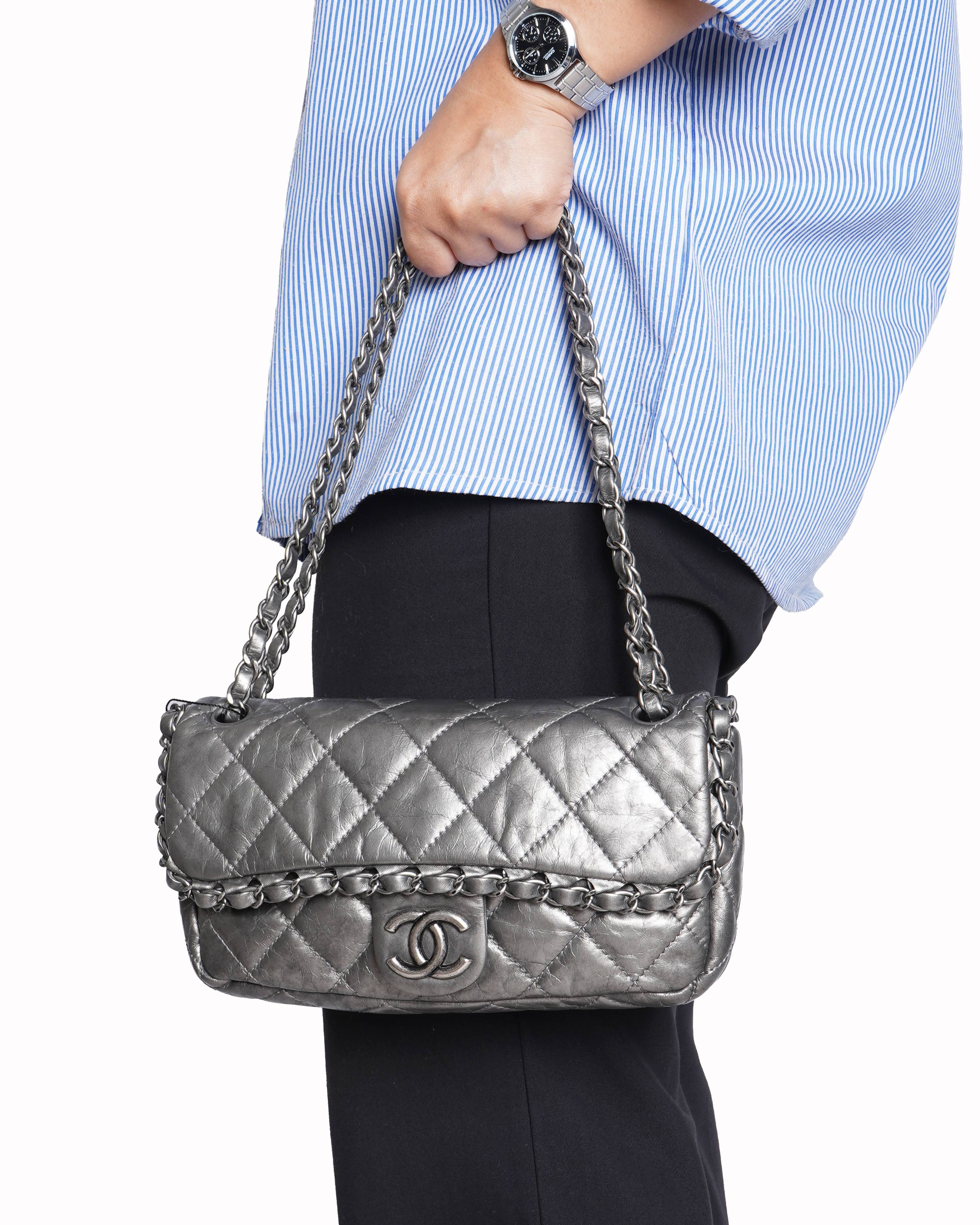 Chanel Metallic Silver Quilted Leather Chain Me Mini Flap Bag