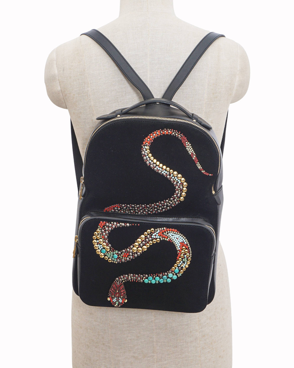 Roberto Cavalli Black Suede Crystal Serpent Backpack