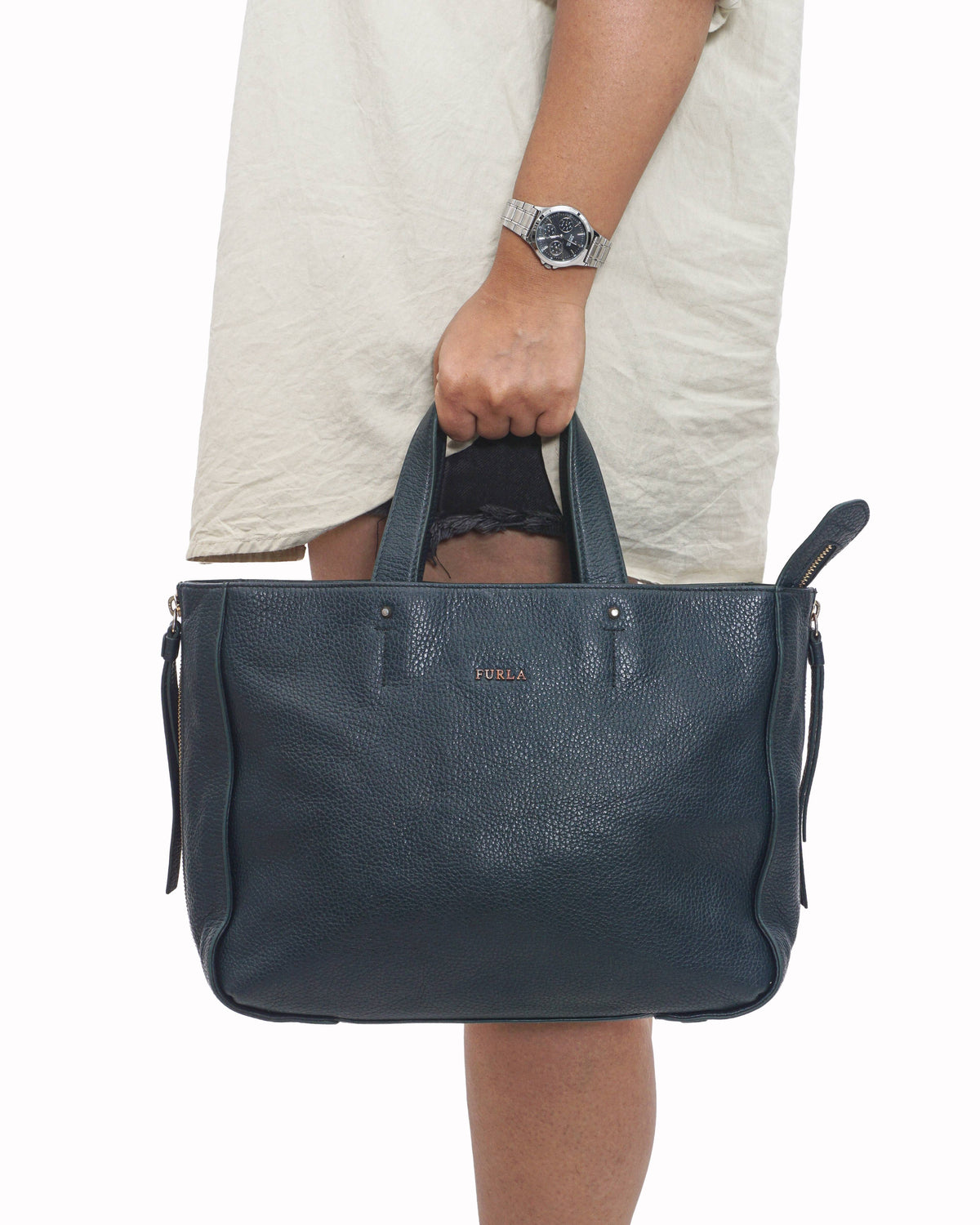 Furla Forest Green Grained Leather Zip-Top Tote Bag