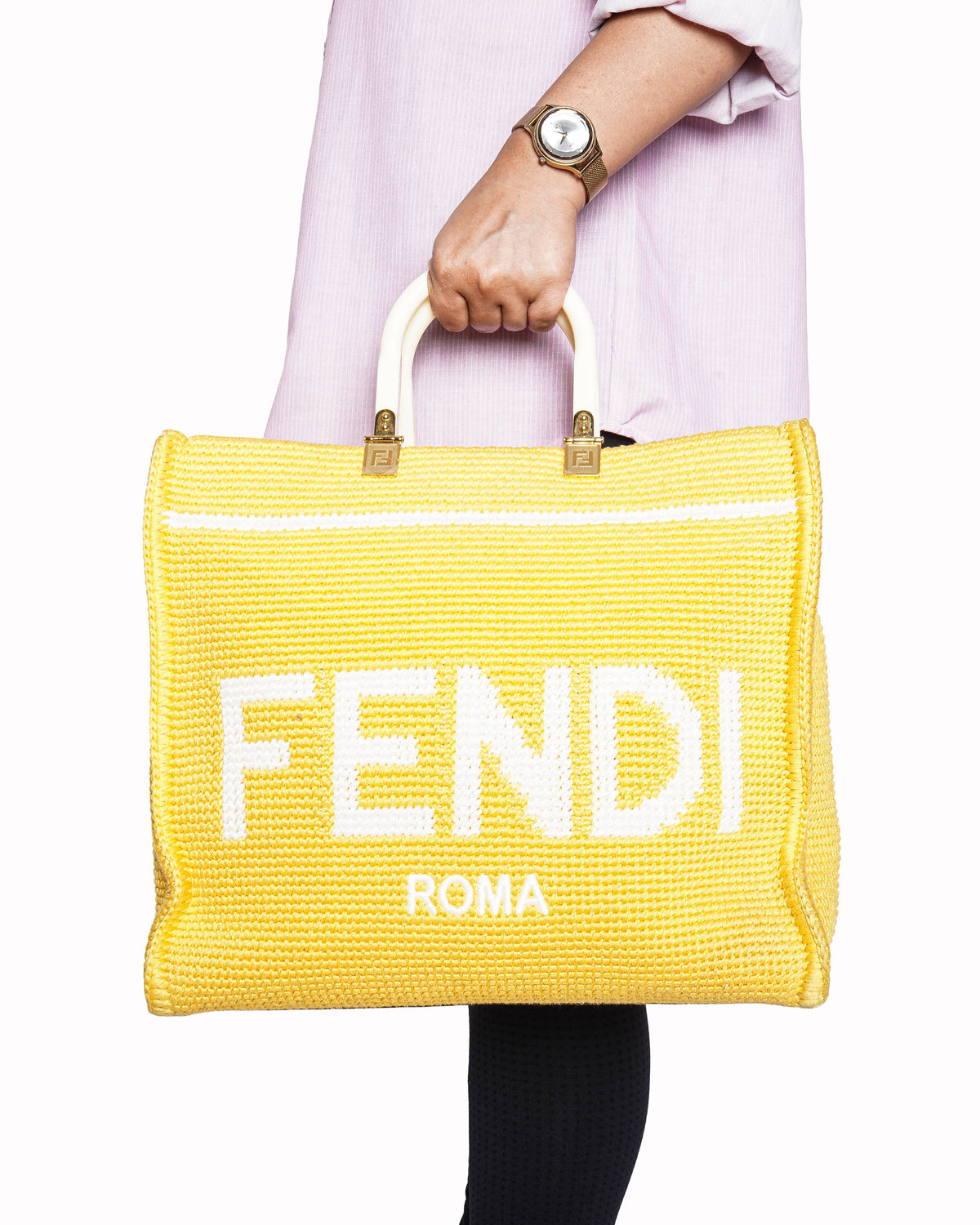 Fendi Yellow Crochet & Leather Sunshine Tote