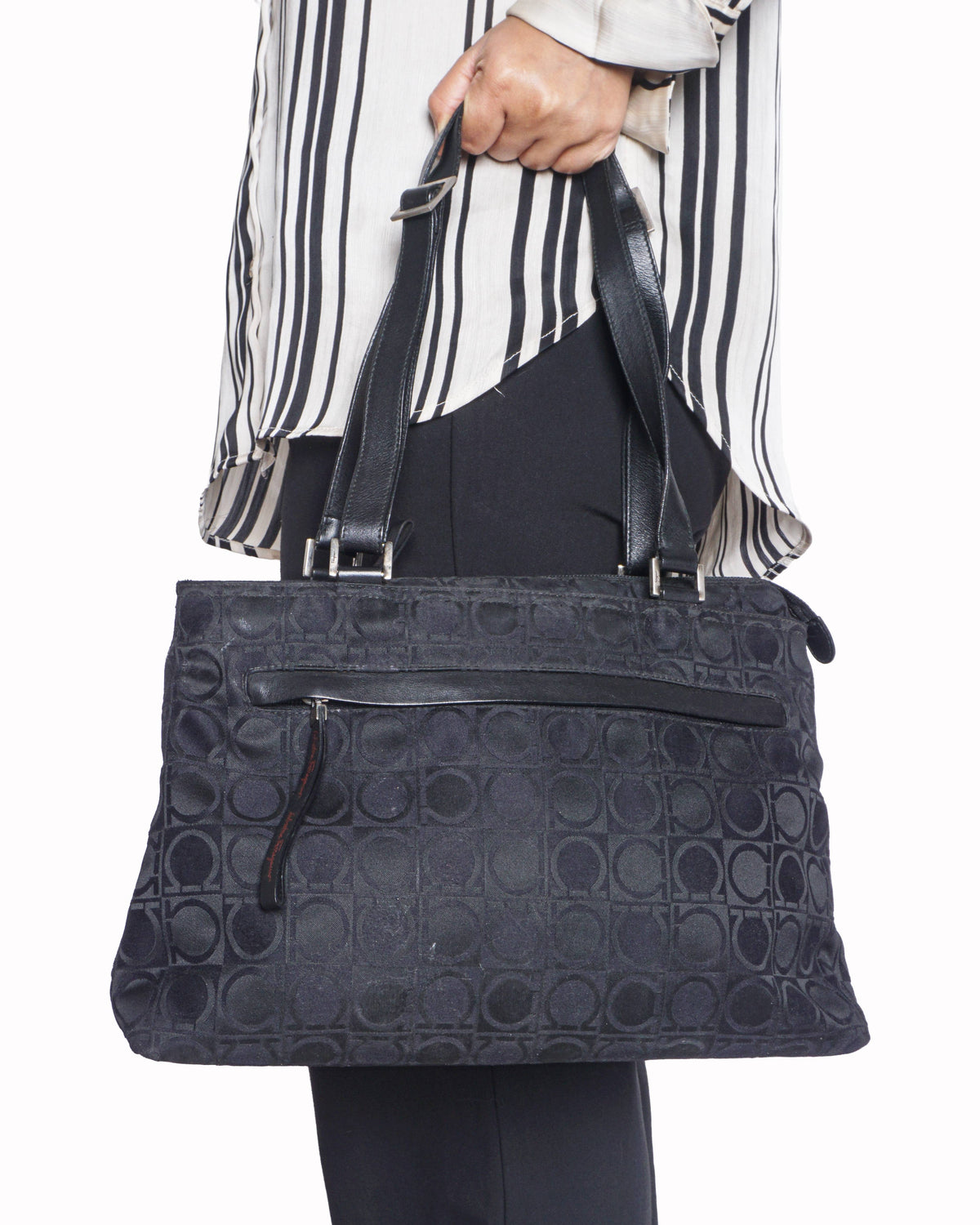 Ferragamo Black Gancini Jacquard Canvas Tote Bag