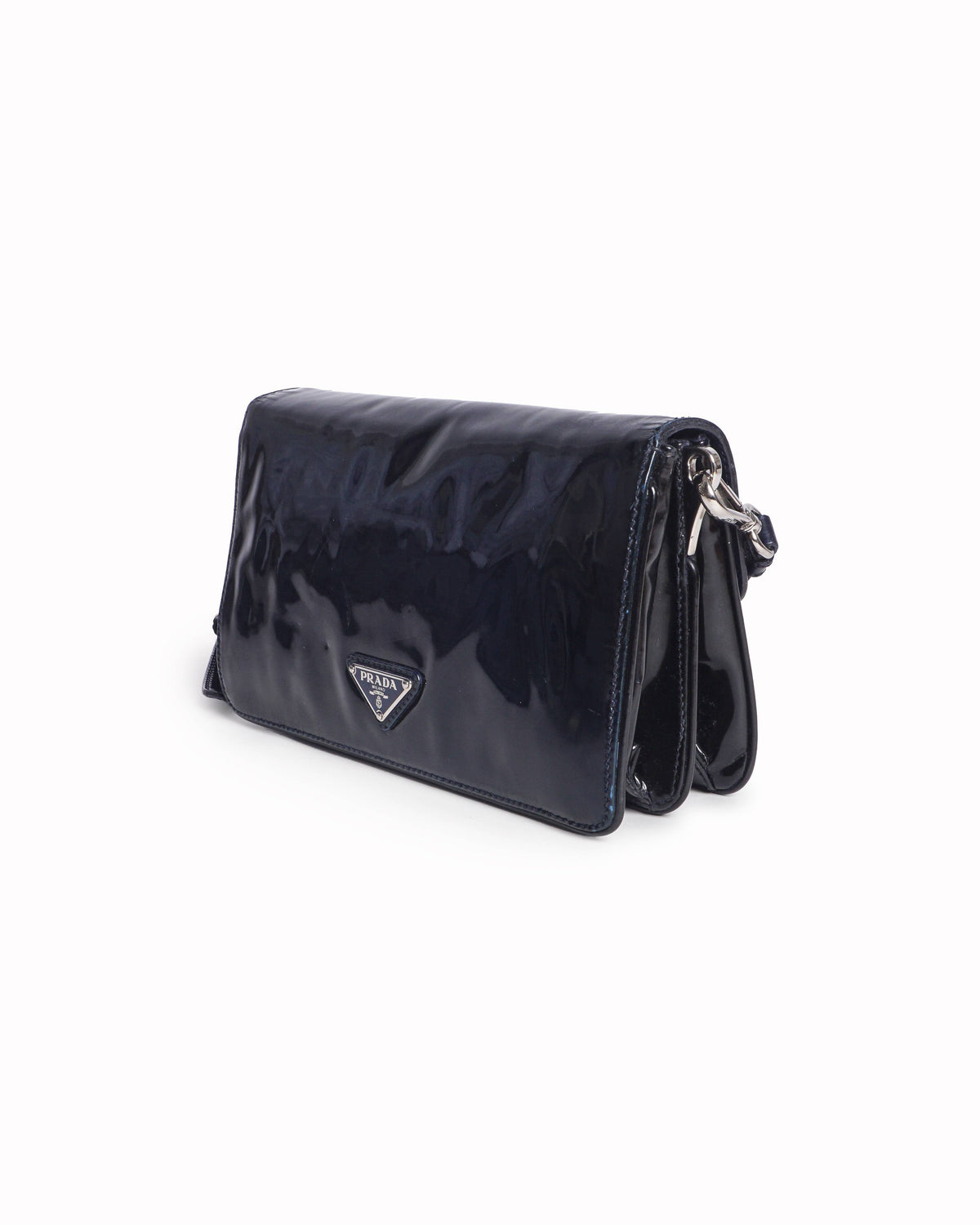 Prada Blue / Black Vernice Patent Leather Buckle Flap Shoulder Bag