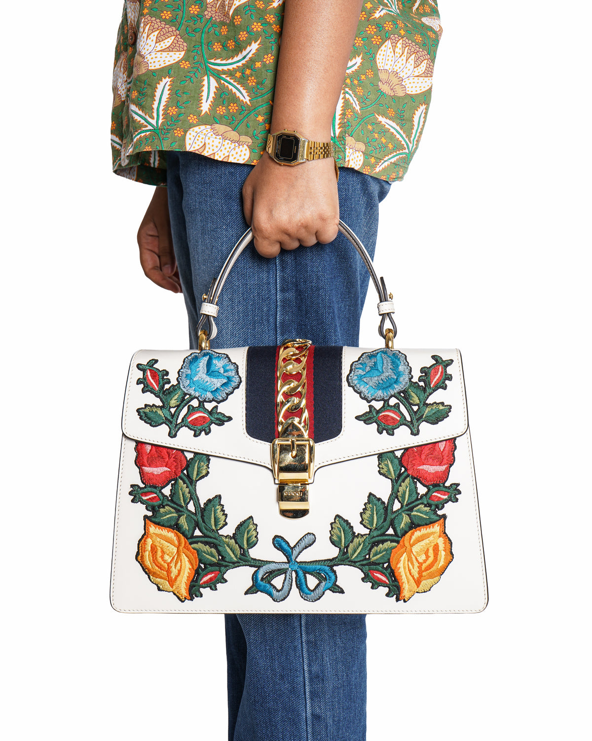 Gucci White Leather Floral Embroidered Medium Sylvie Top Handle Bag
