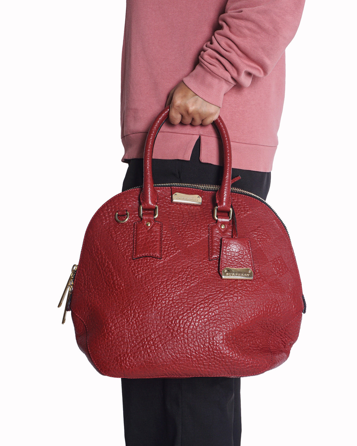 Burberry Red Embossed Check Grained Leather Dome Satchel Bag