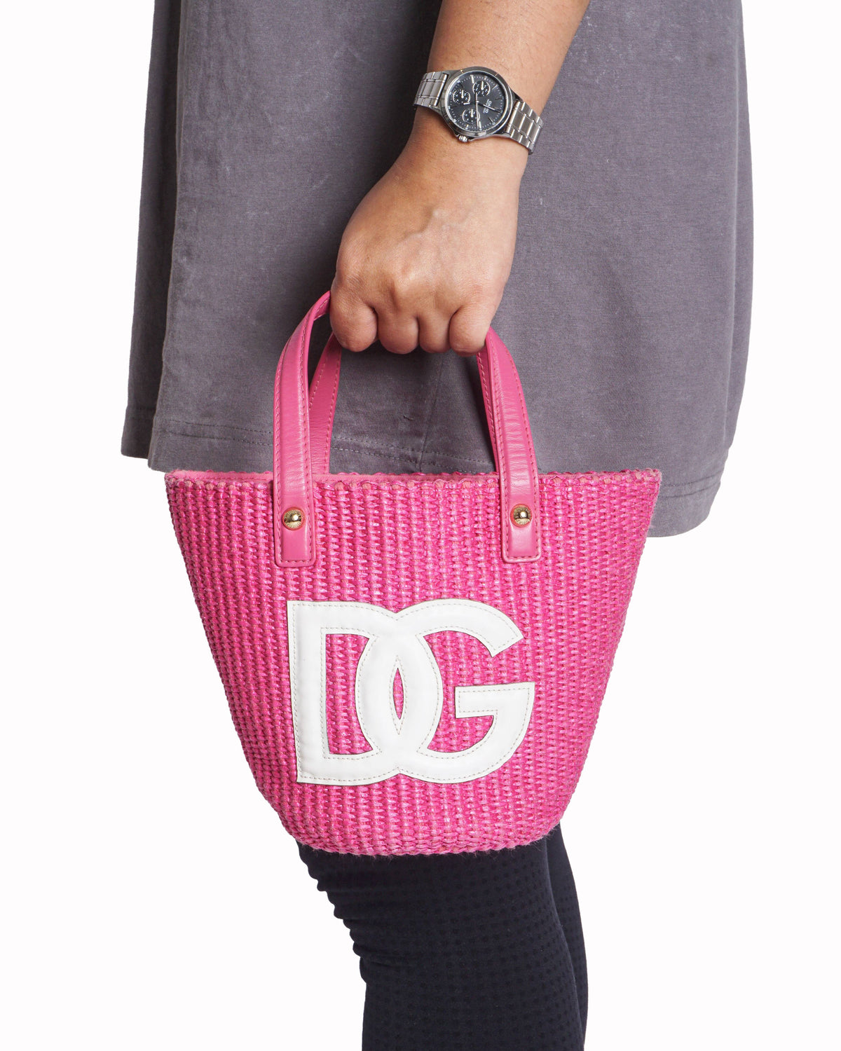Dolce & Gabbana Pink Straw DG Logo Tote Bag