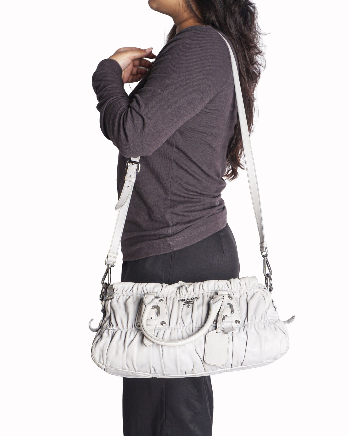 Prada Beige Nappa Gaufre Ruched Leather Shoulder Bag