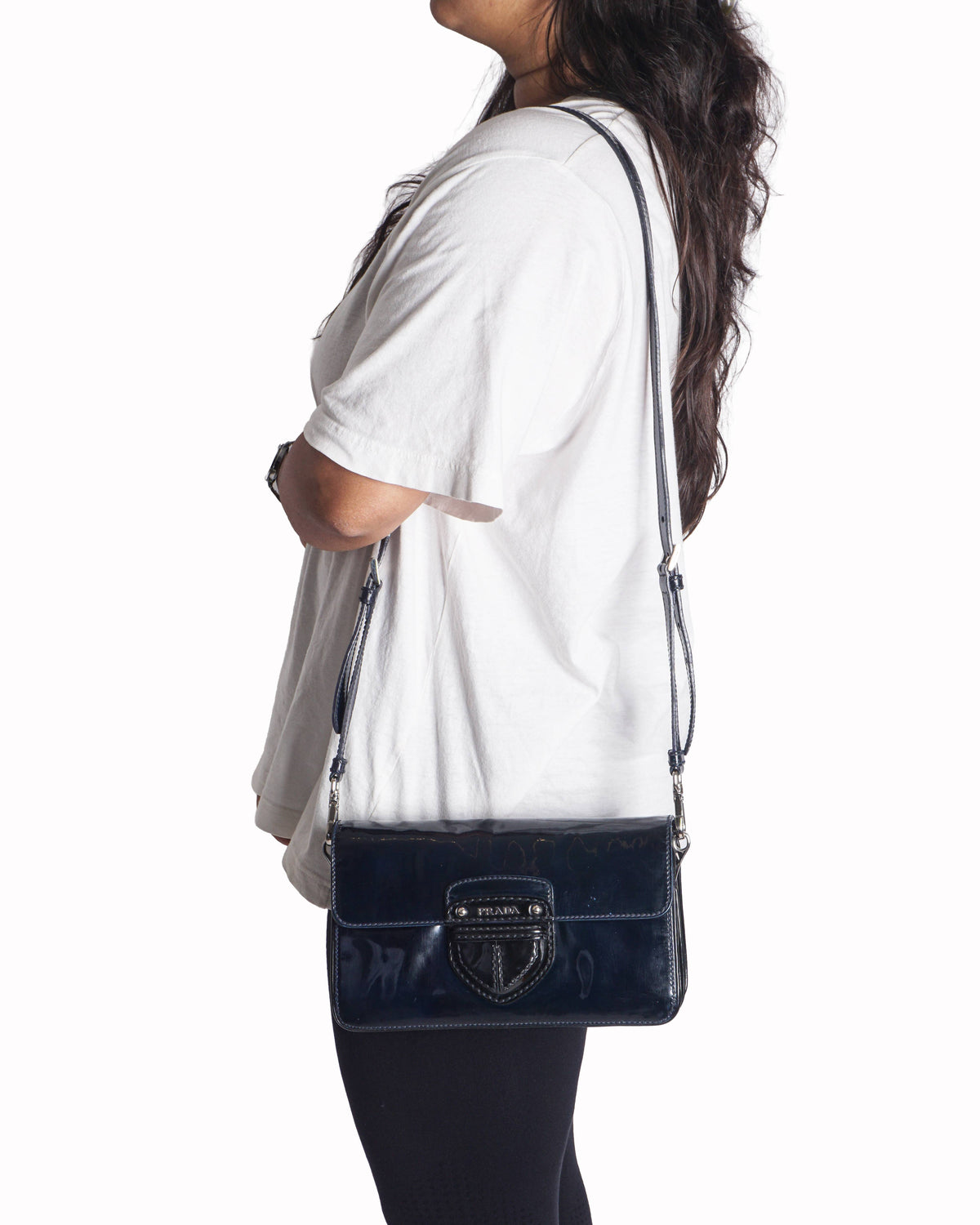 Prada Blue / Black Vernice Patent Leather Buckle Flap Shoulder Bag