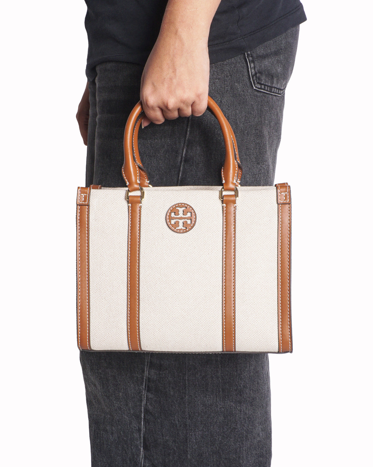 Tory Burch Natural Canvas & Cognac Leather Ella Tote Bag
