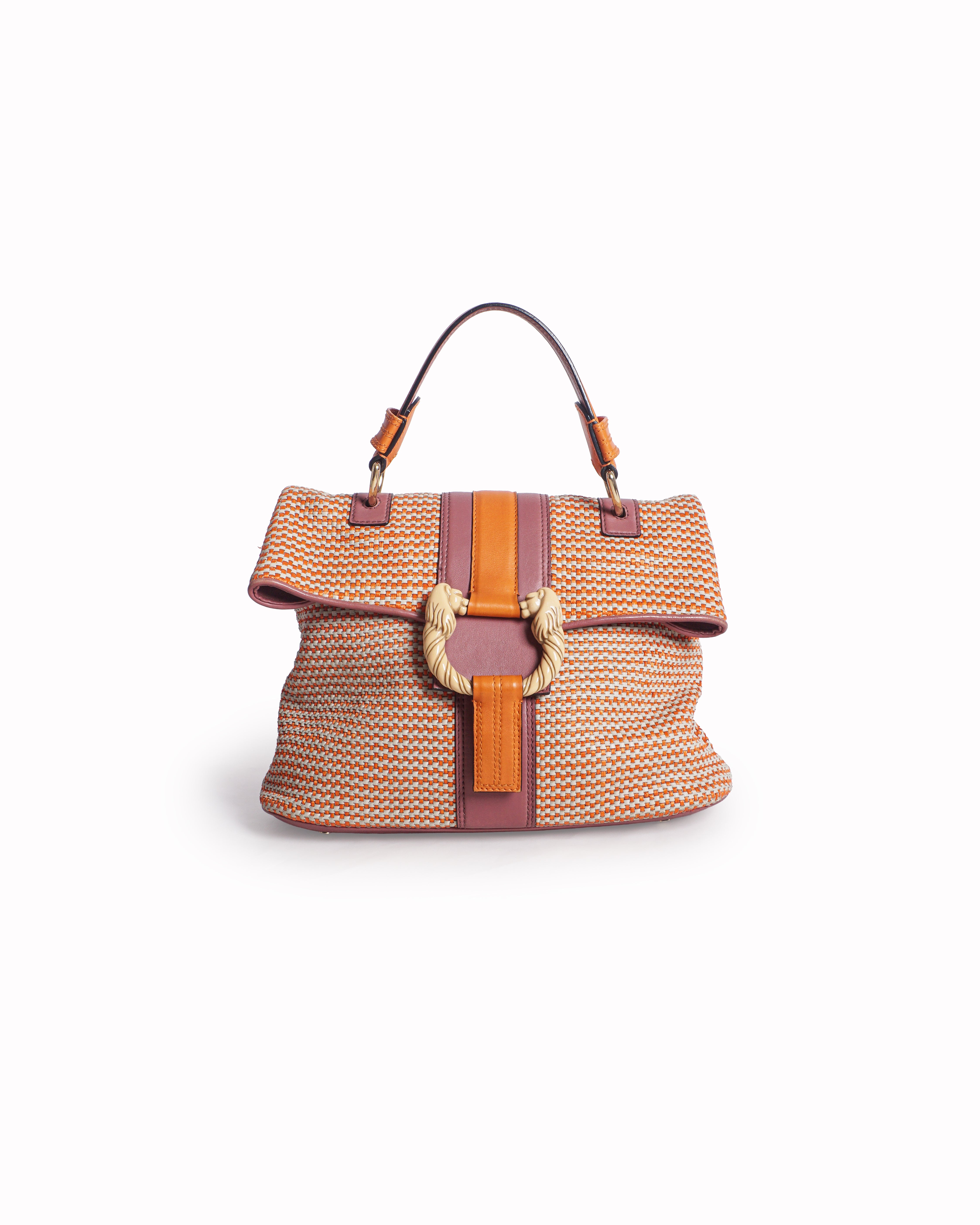 Bvlgari Orange & Mauve Woven Straw Leoni Top Handle Bag