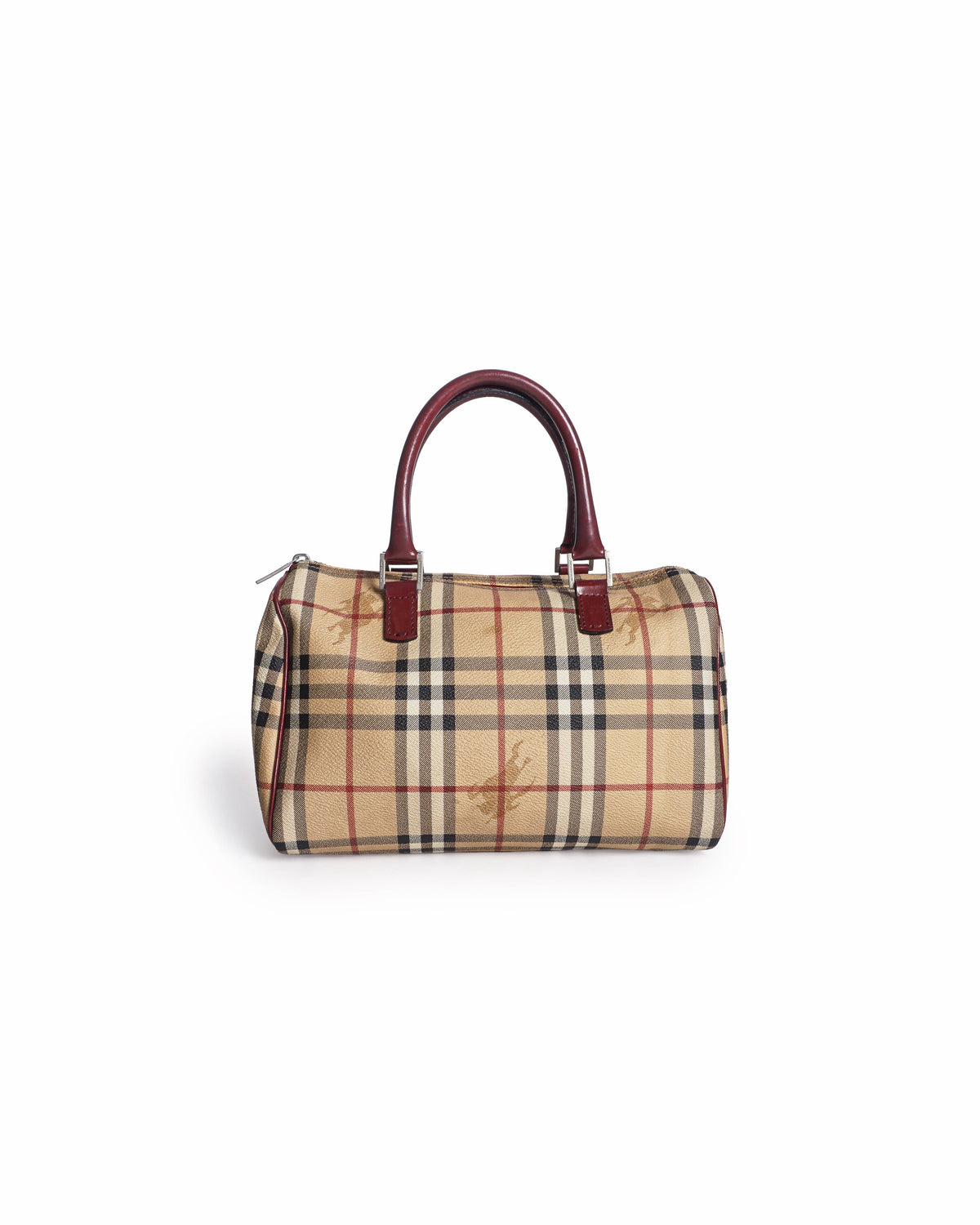 Burberry Haymarket Check Burgundy Leather Bowling Bag