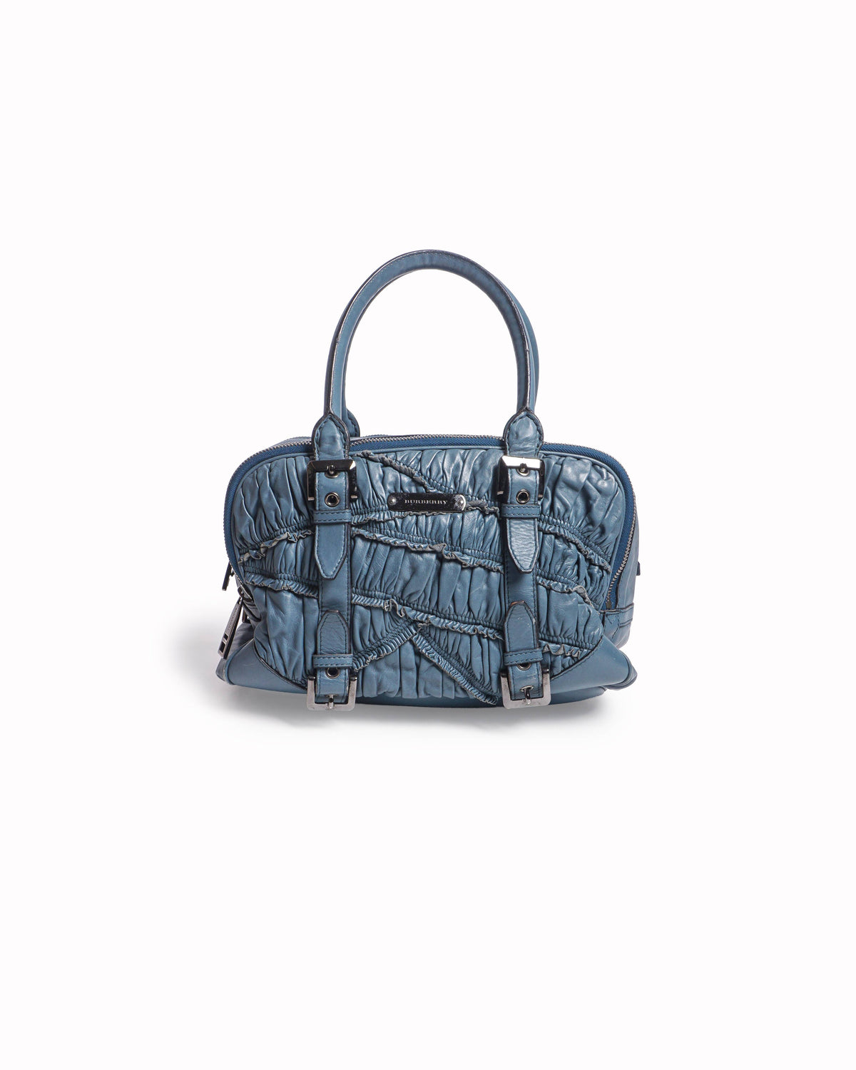 Burberry Dusty Blue Ruched Leather Satchel Handbag