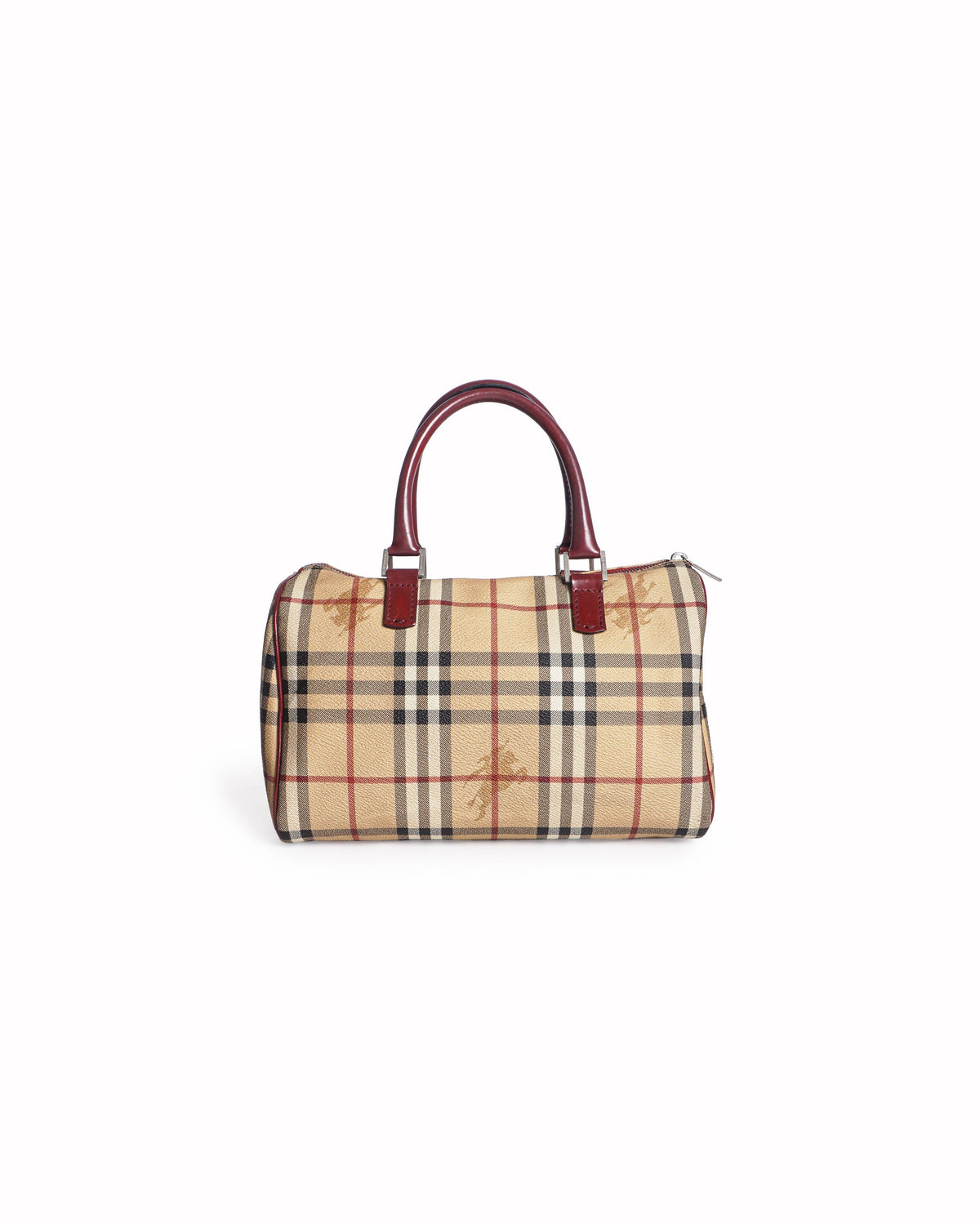 Burberry Haymarket Check Burgundy Leather Bowling Bag