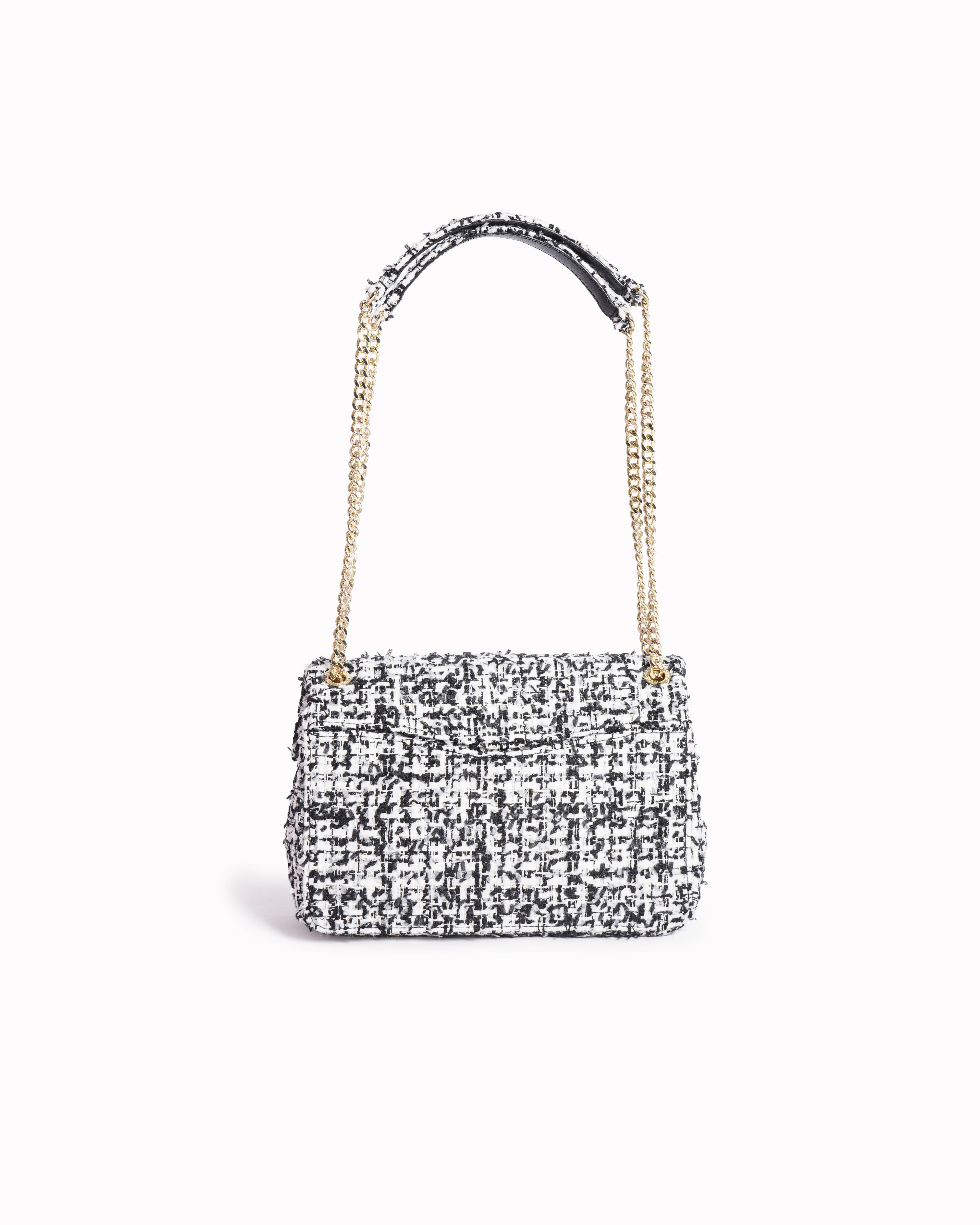 New Sandro Black and White Yza tweed Shoulder Bag
