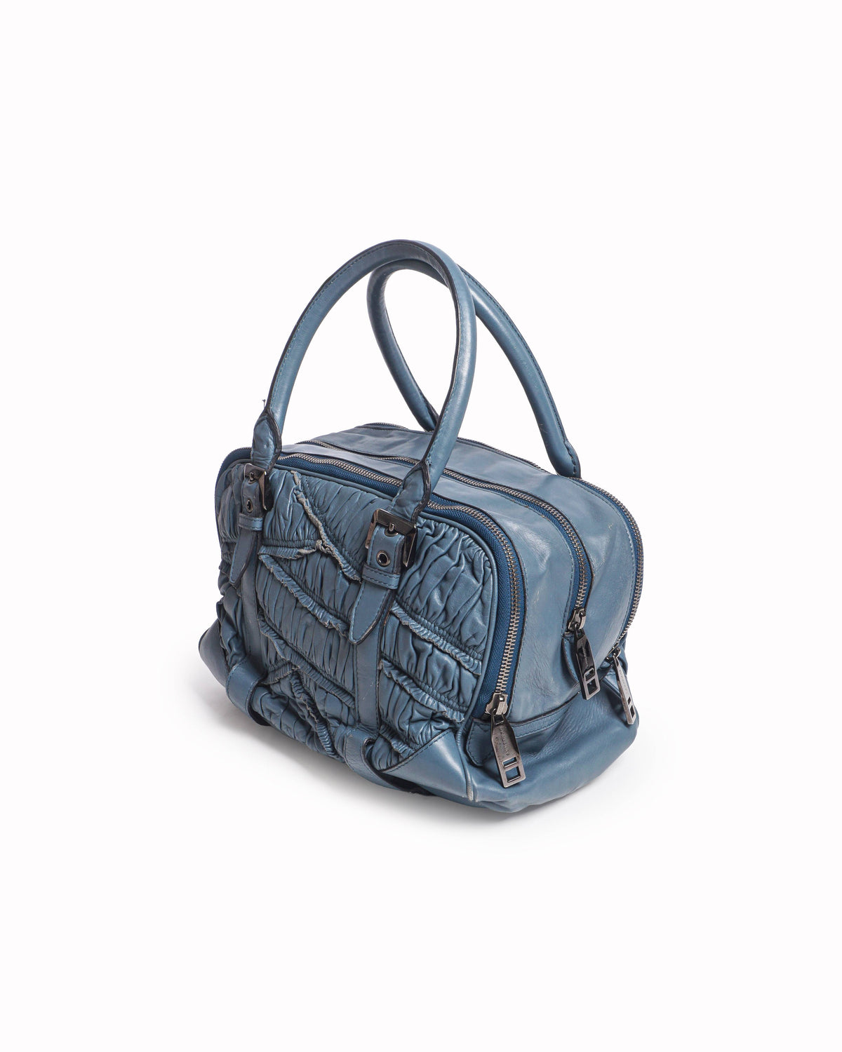 Burberry Dusty Blue Ruched Leather Satchel Handbag