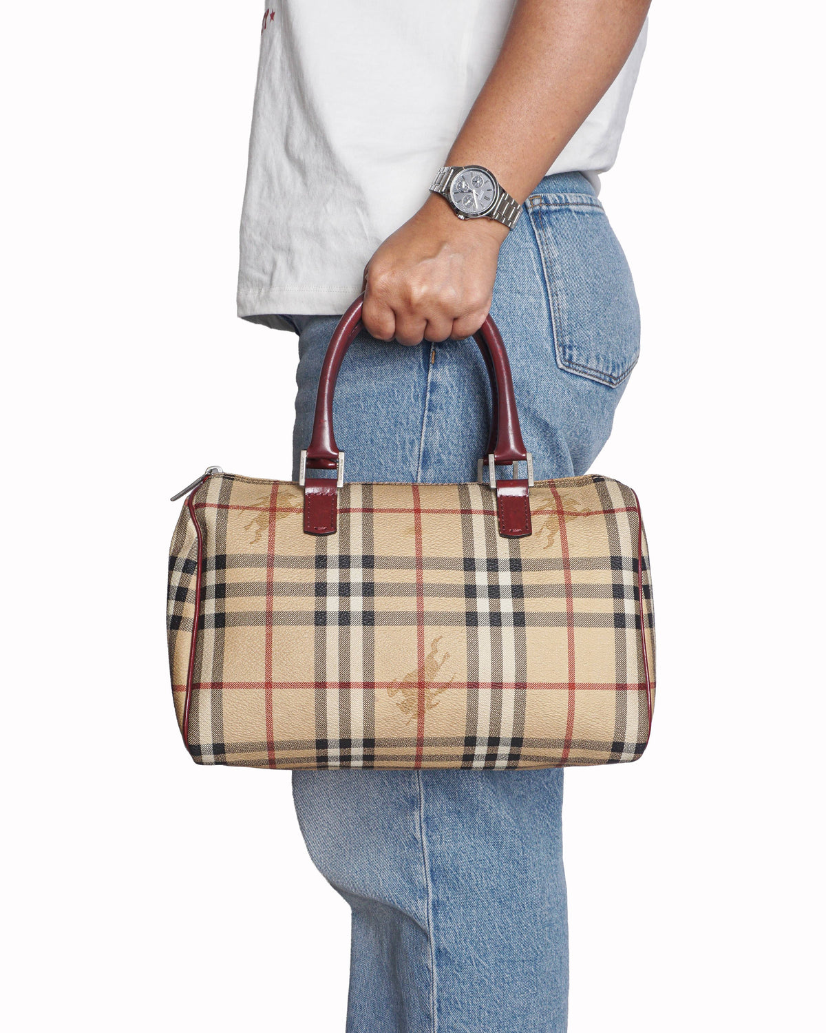 Burberry Haymarket Check Burgundy Leather Bowling Bag