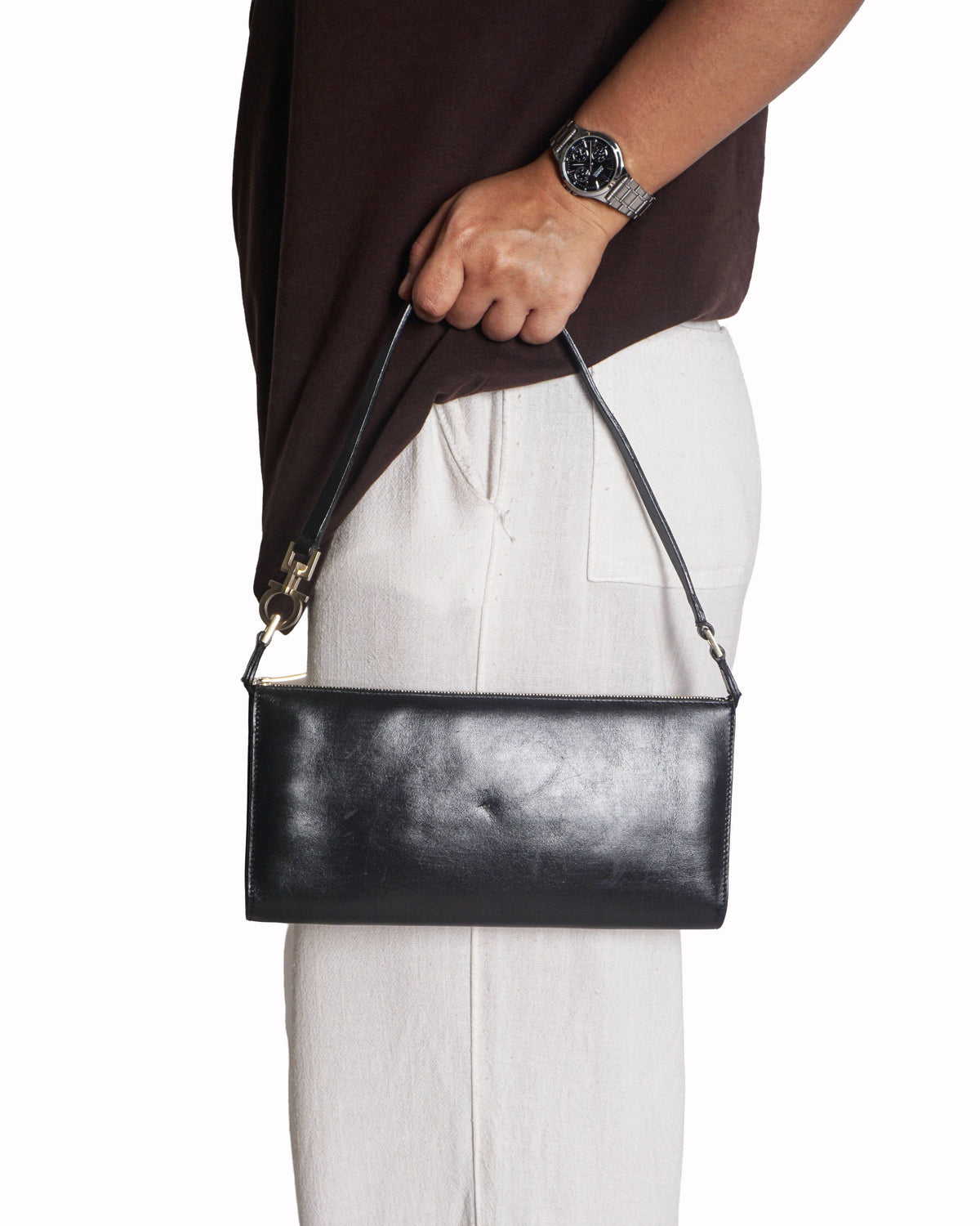Salvatore Ferragamo Black Smooth Leather Gancini Shoulder Bag