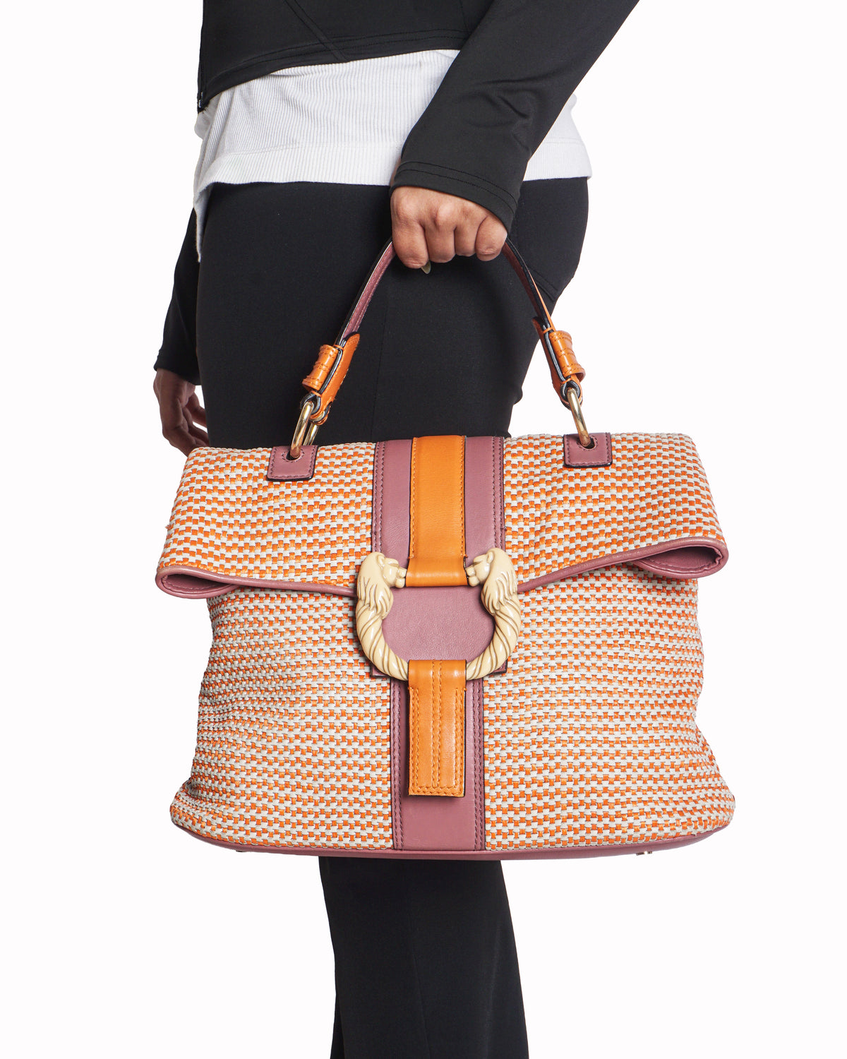 Bvlgari Orange & Mauve Woven Straw Leoni Top Handle Bag
