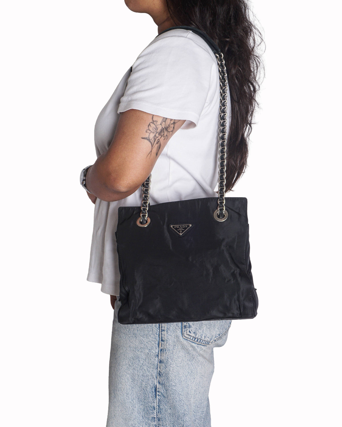 Prada Vintage Tessuto Catena Black Nylon Shoulder Bag