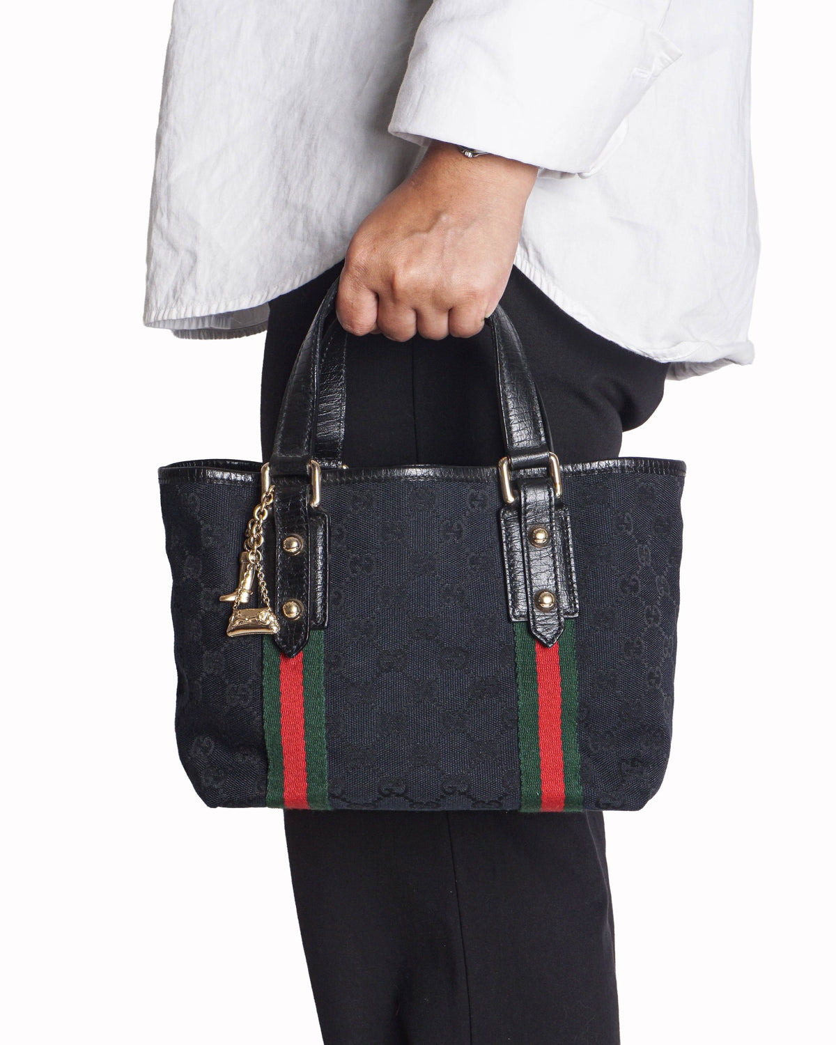 Gucci Black GG Canvas Web Small Tote Bag