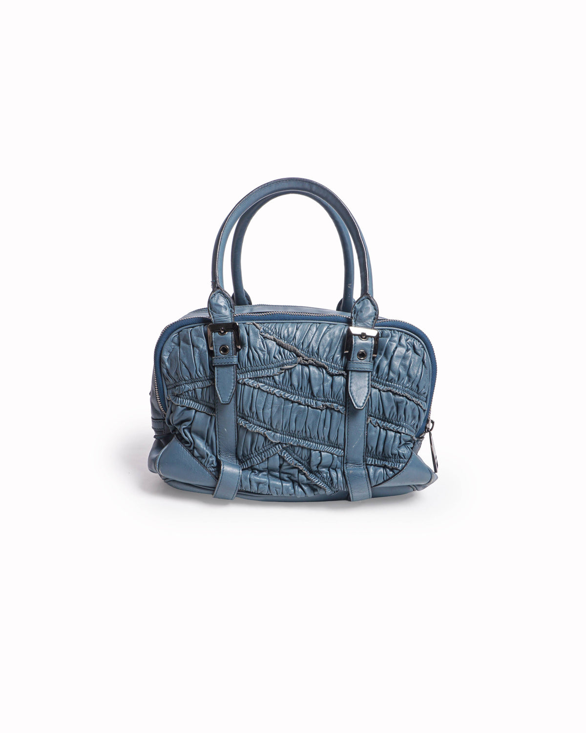 Burberry Dusty Blue Ruched Leather Satchel Handbag