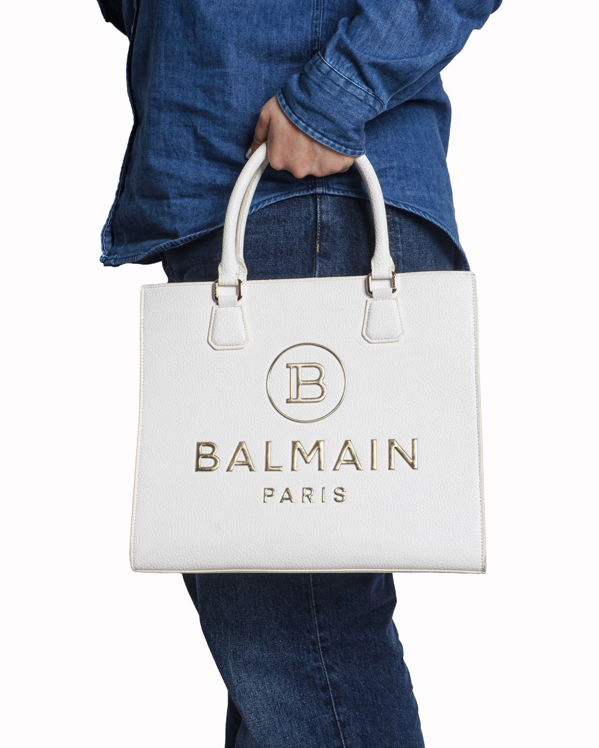 Balmain White Grain Leather Logo Top Handle Tote