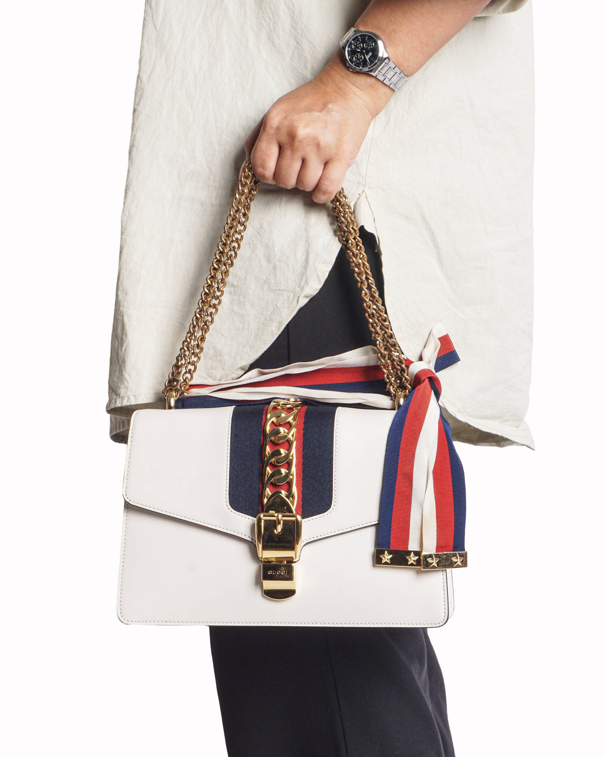 Gucci Sylvie White Calfskin Chain Shoulder Bag