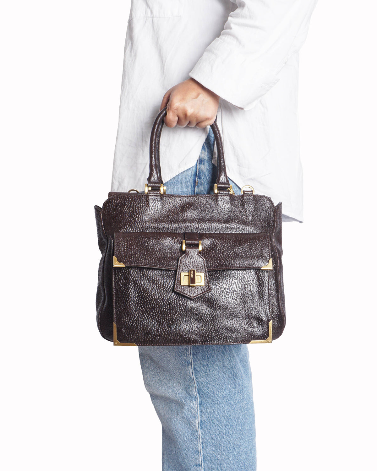 Fendi Classico No. 3 Dark Brown Pebbled Leather Shopper Bag
