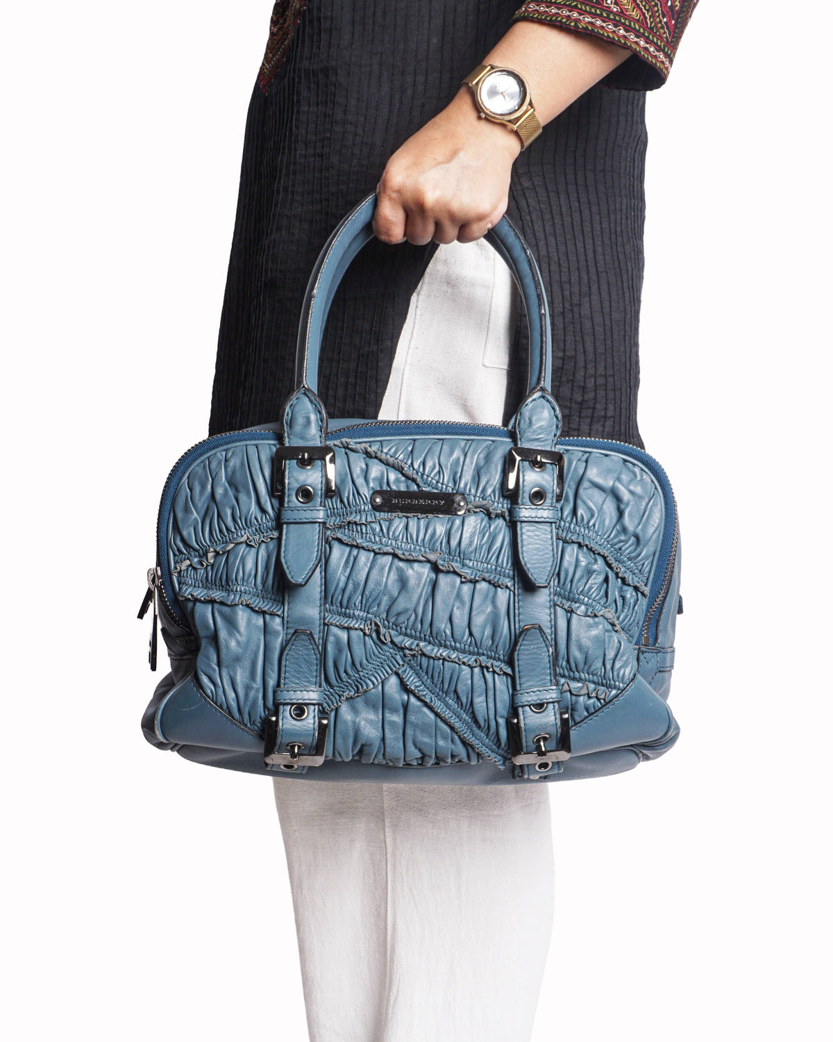 Burberry Dusty Blue Ruched Leather Satchel Handbag