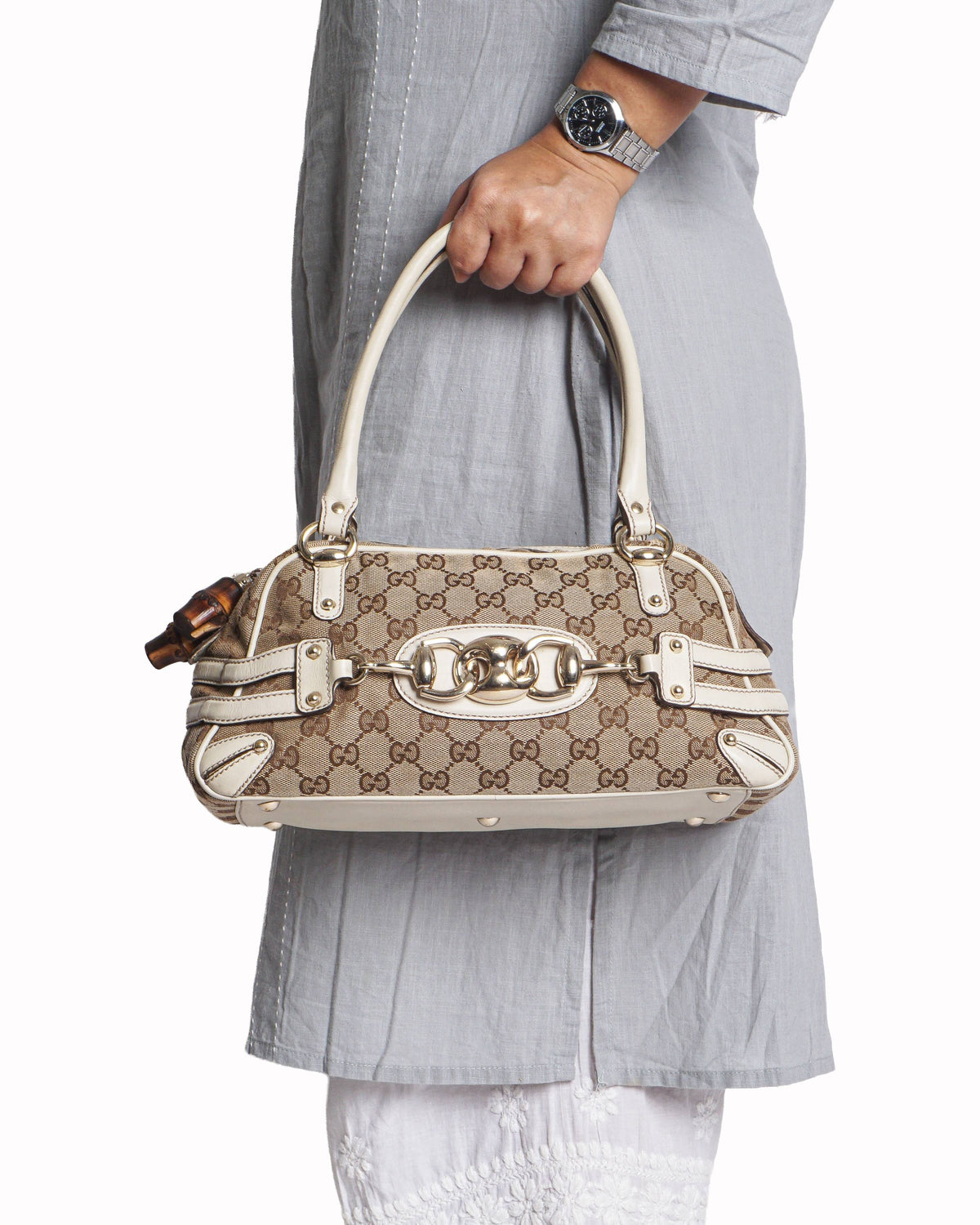 Gucci GG Canvas Horsebit Bamboo Boston Bag