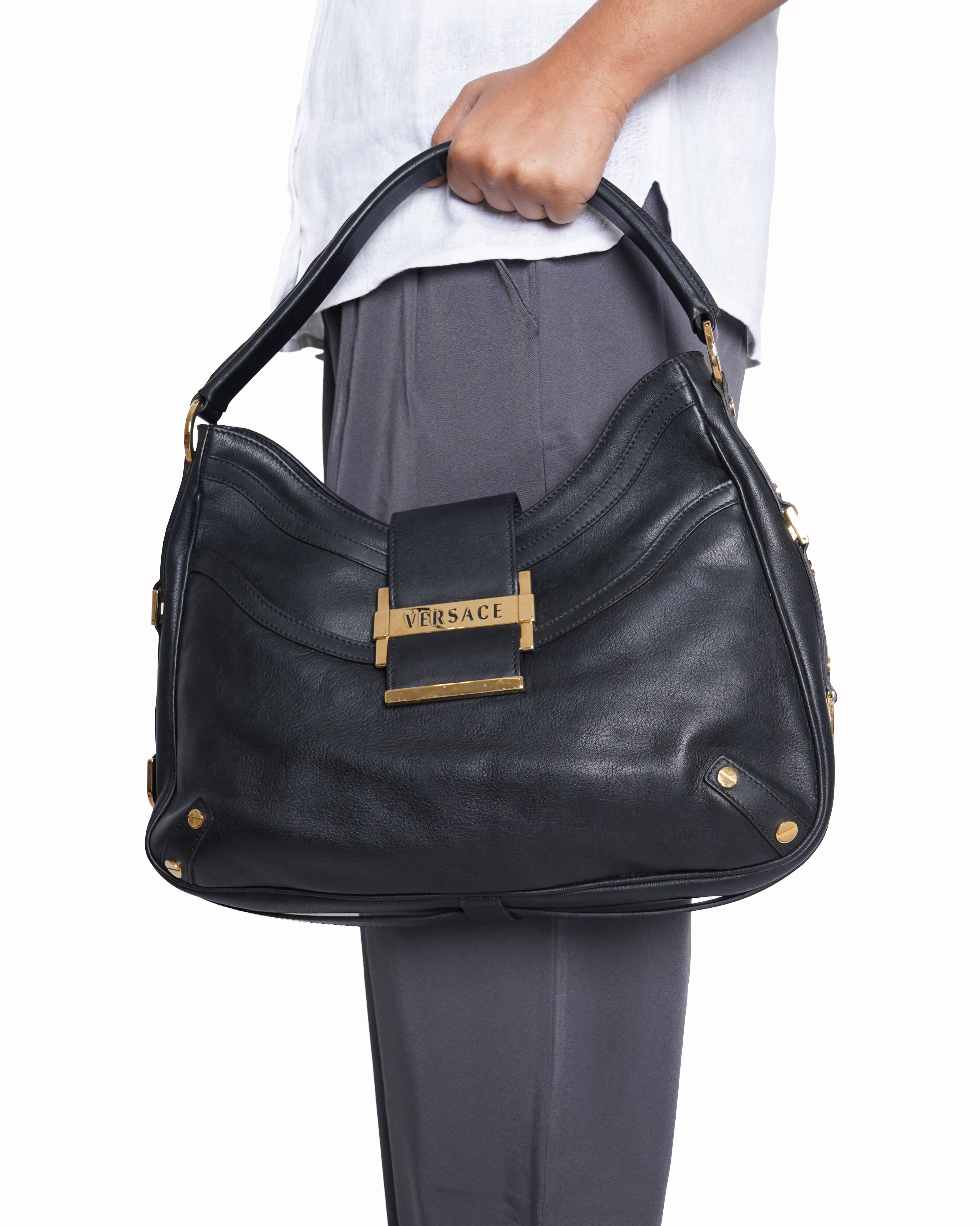 Versace black leather hobo bag