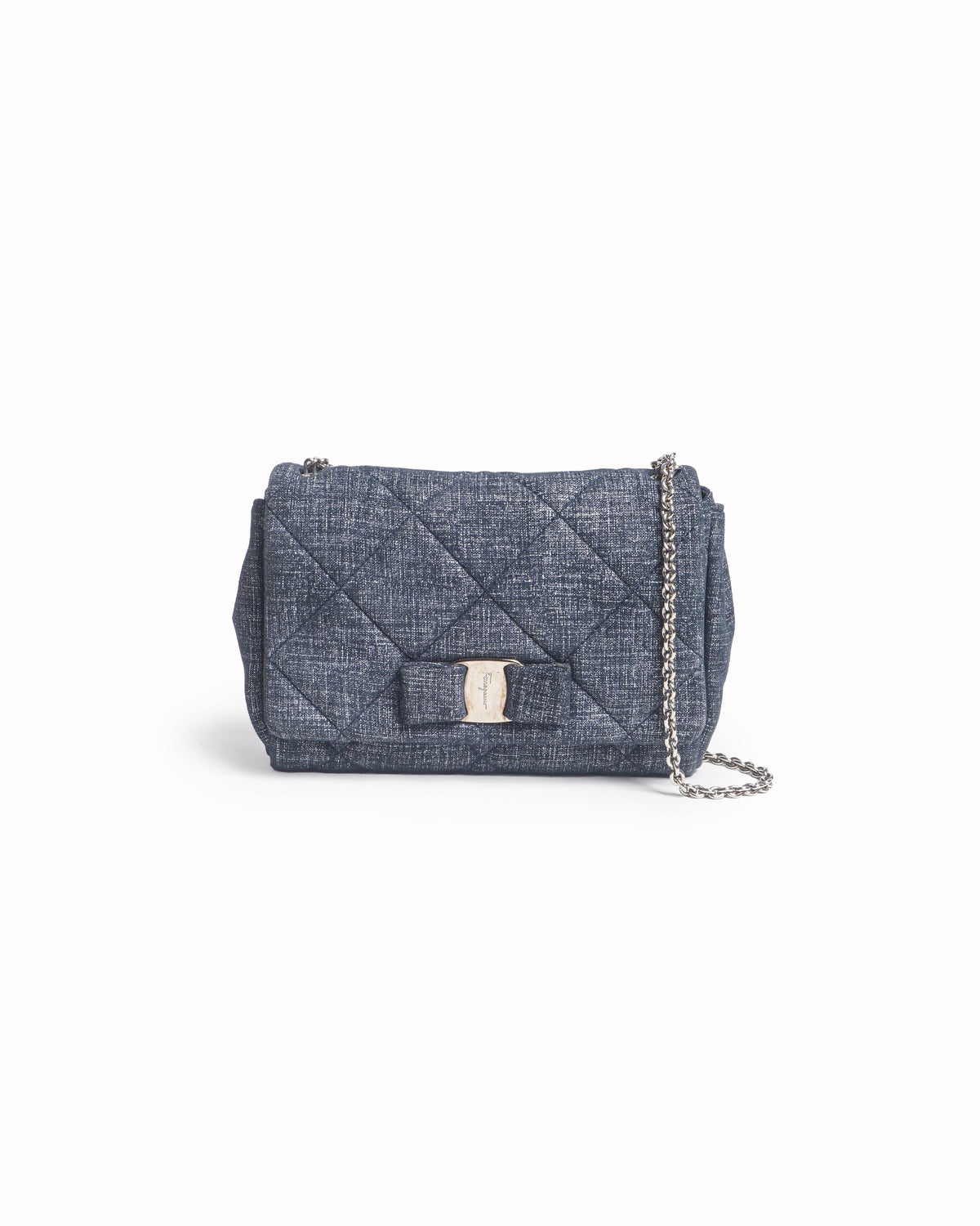 Salvatore Ferragamo Blue Quilted Denim Vara Bow Small Crossbody Bag