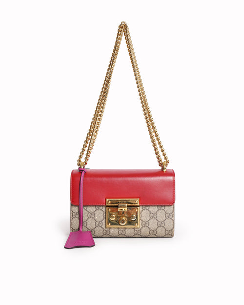 Gucci Red/Beige GG Supreme Canvas and Leather Small Padlock Shoulder Bag