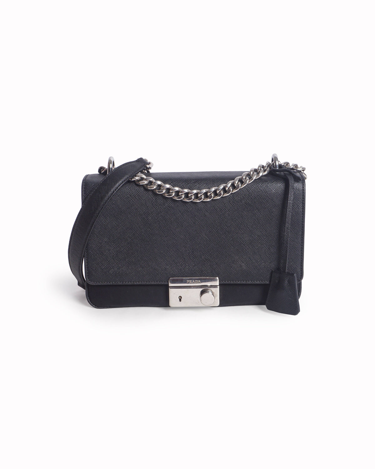 Prada Black Saffiano Leather Turn-Lock Chain Crossbody Bag