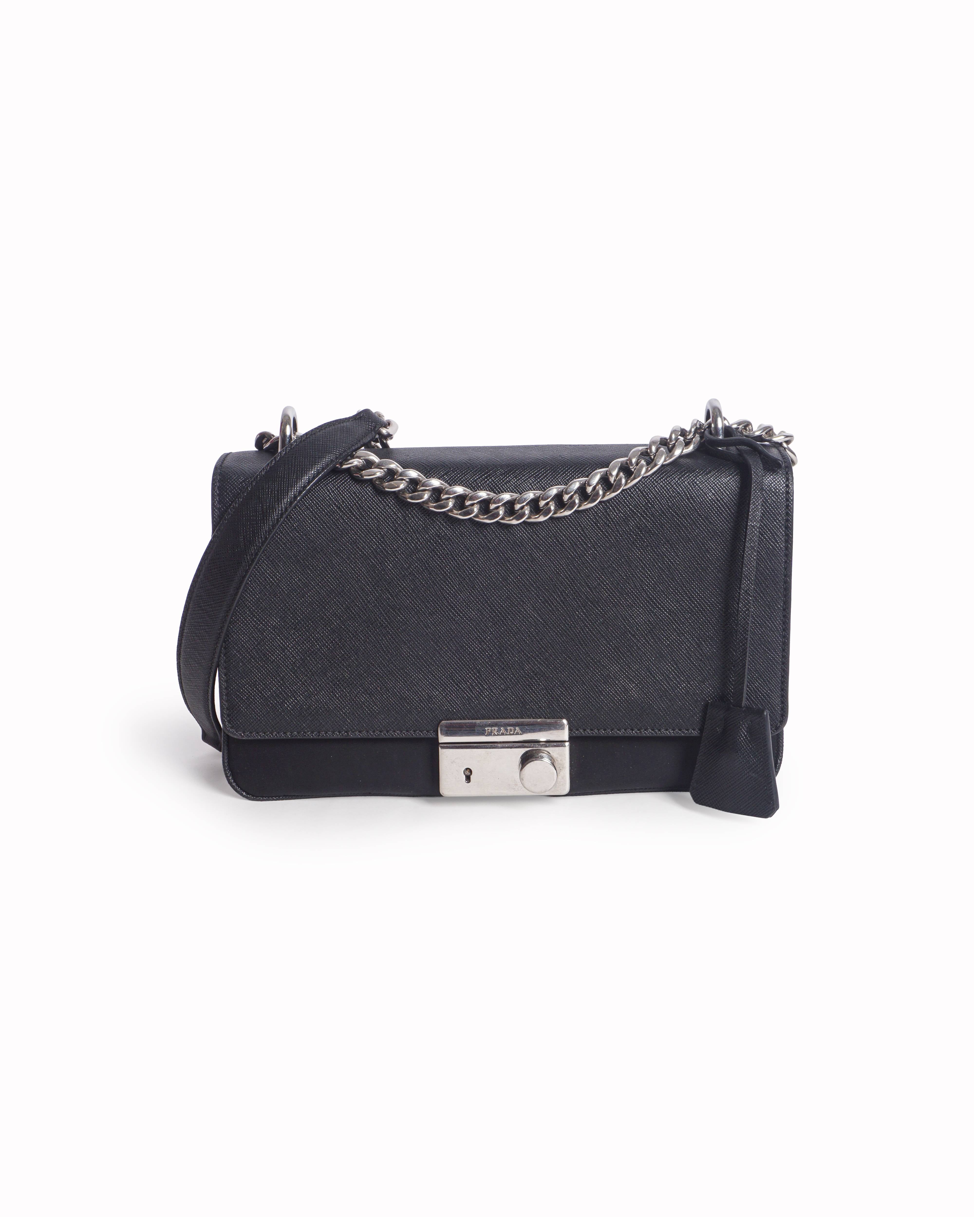Prada Black Saffiano Leather Turn-Lock Chain Crossbody Bag