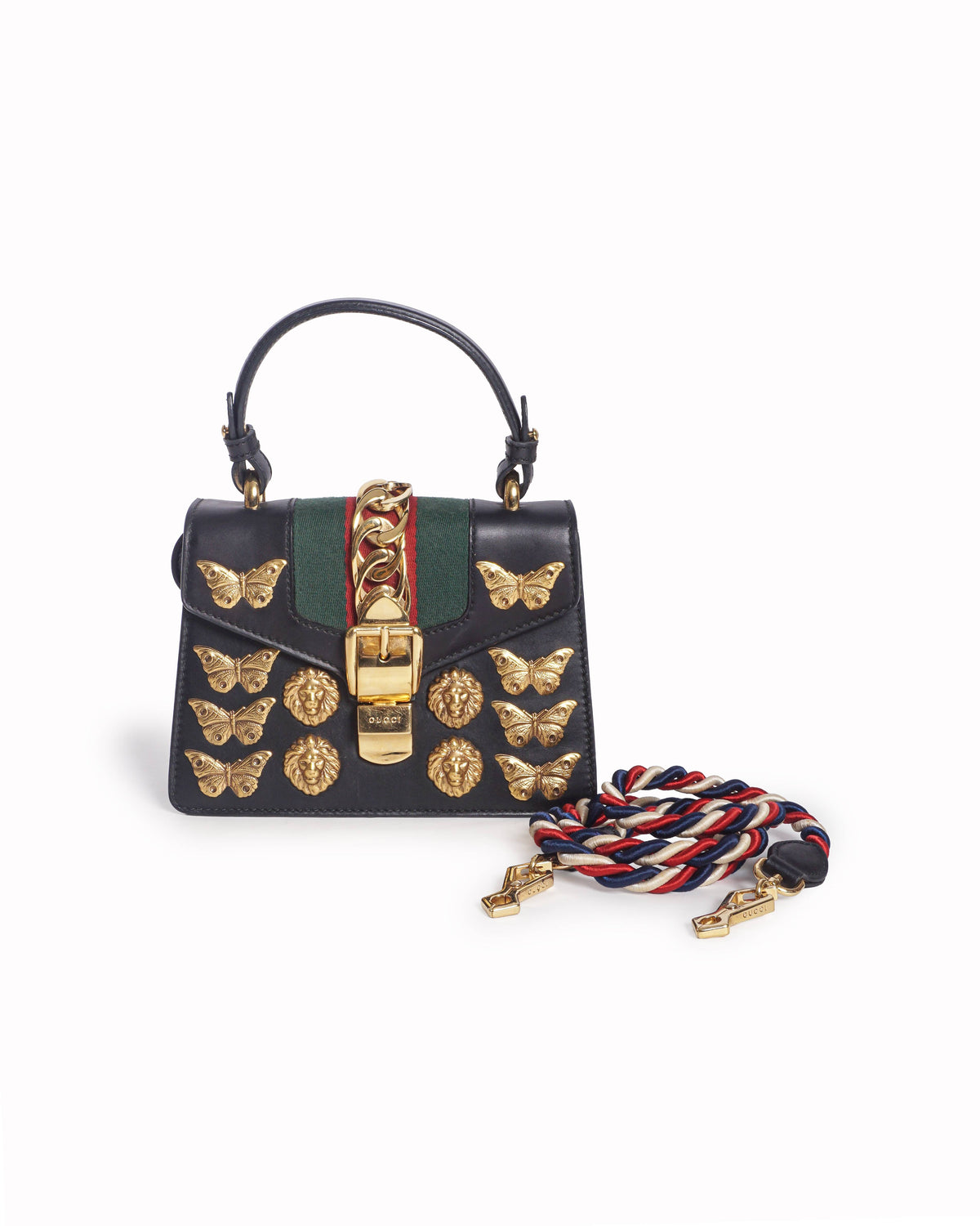 Gucci Black Leather Small Sylvie Butterfly & Lion Shoulder Bag