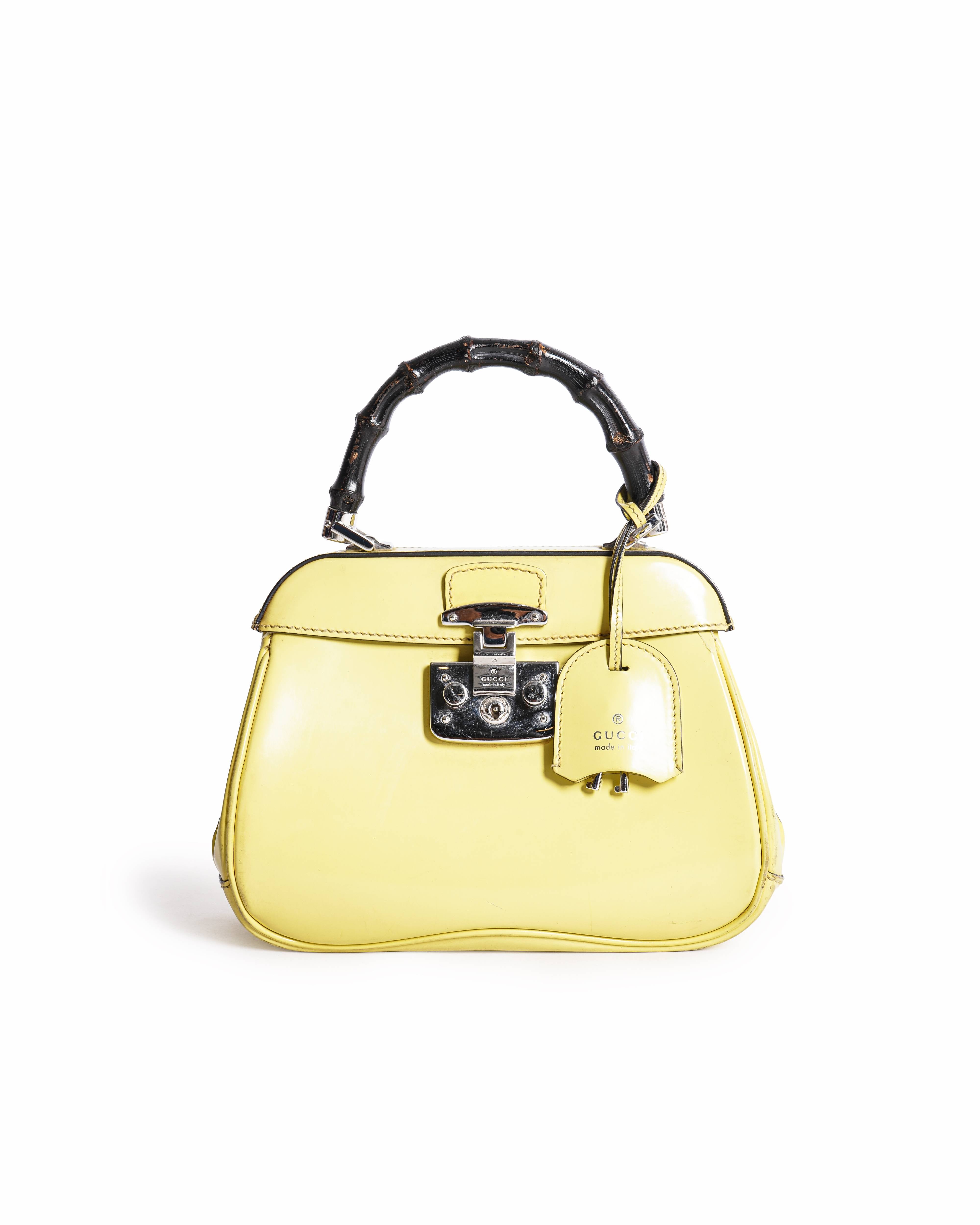 Gucci Yellow Patent Leather Lady Lock Bamboo Top Handle Bag