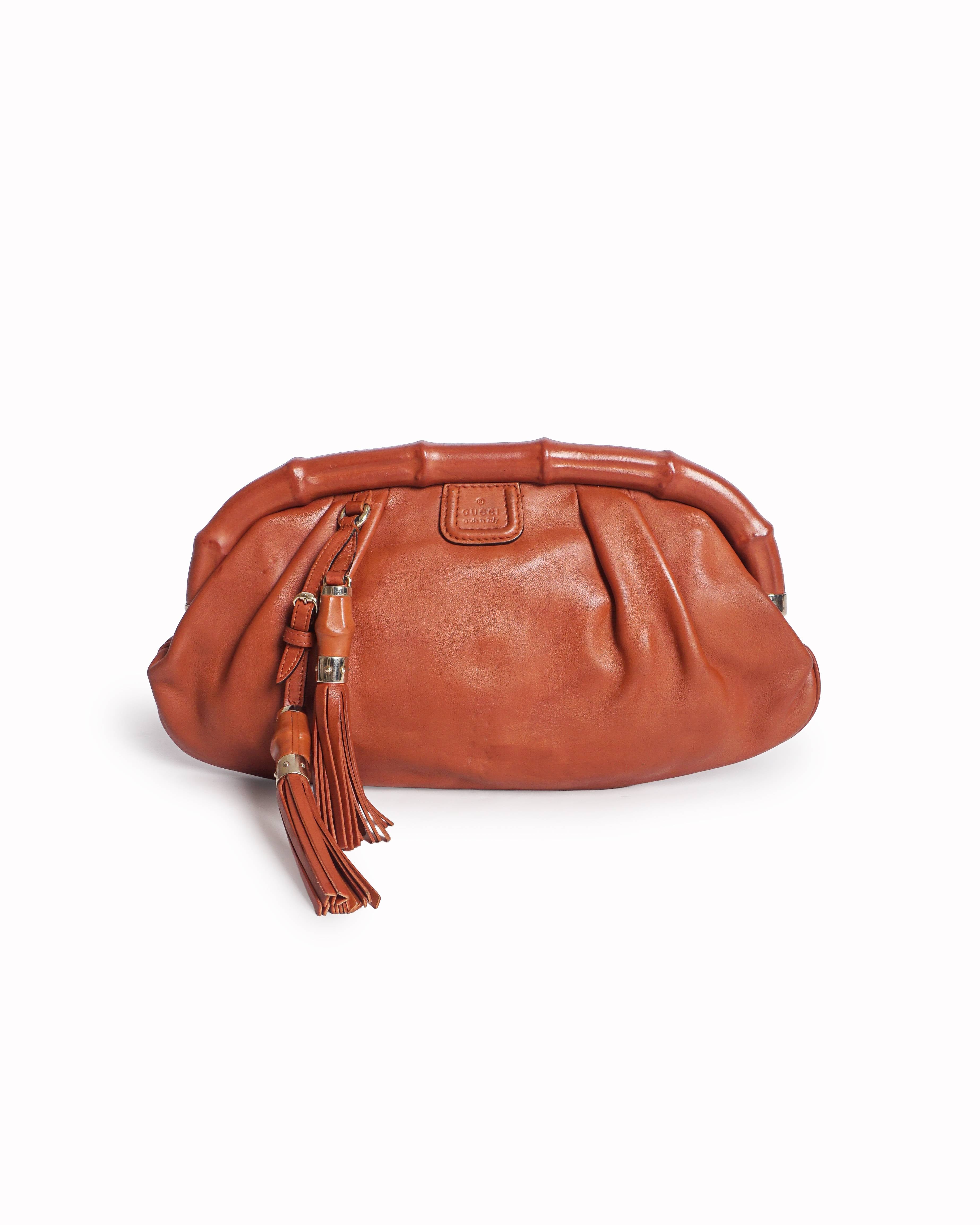 Gucci Cognac Leather Bamboo Tassel Clutch Bag