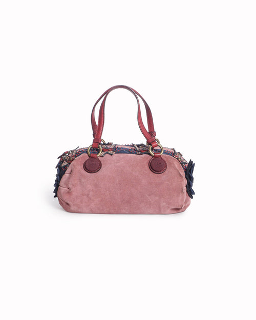 Moschino Rose Pink Suede Floral Embellished Satchel Bag