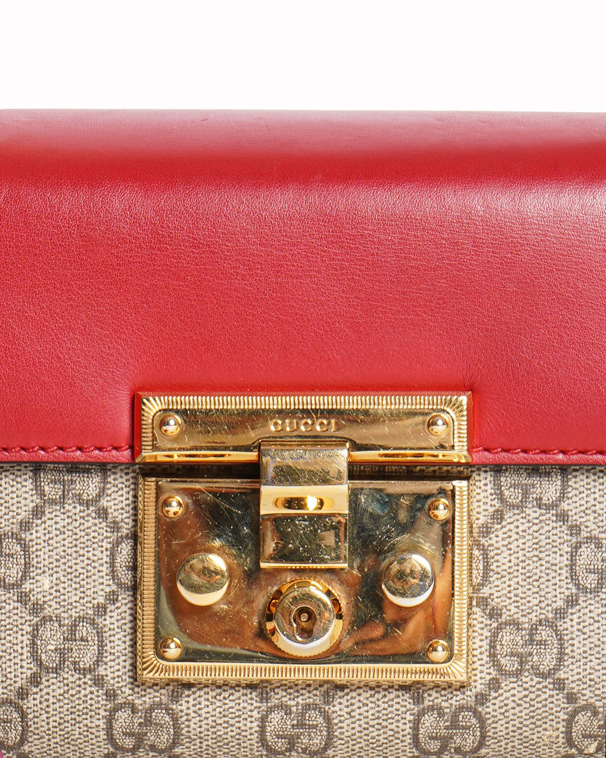 Gucci Red/Beige GG Supreme Canvas and Leather Small Padlock Shoulder Bag