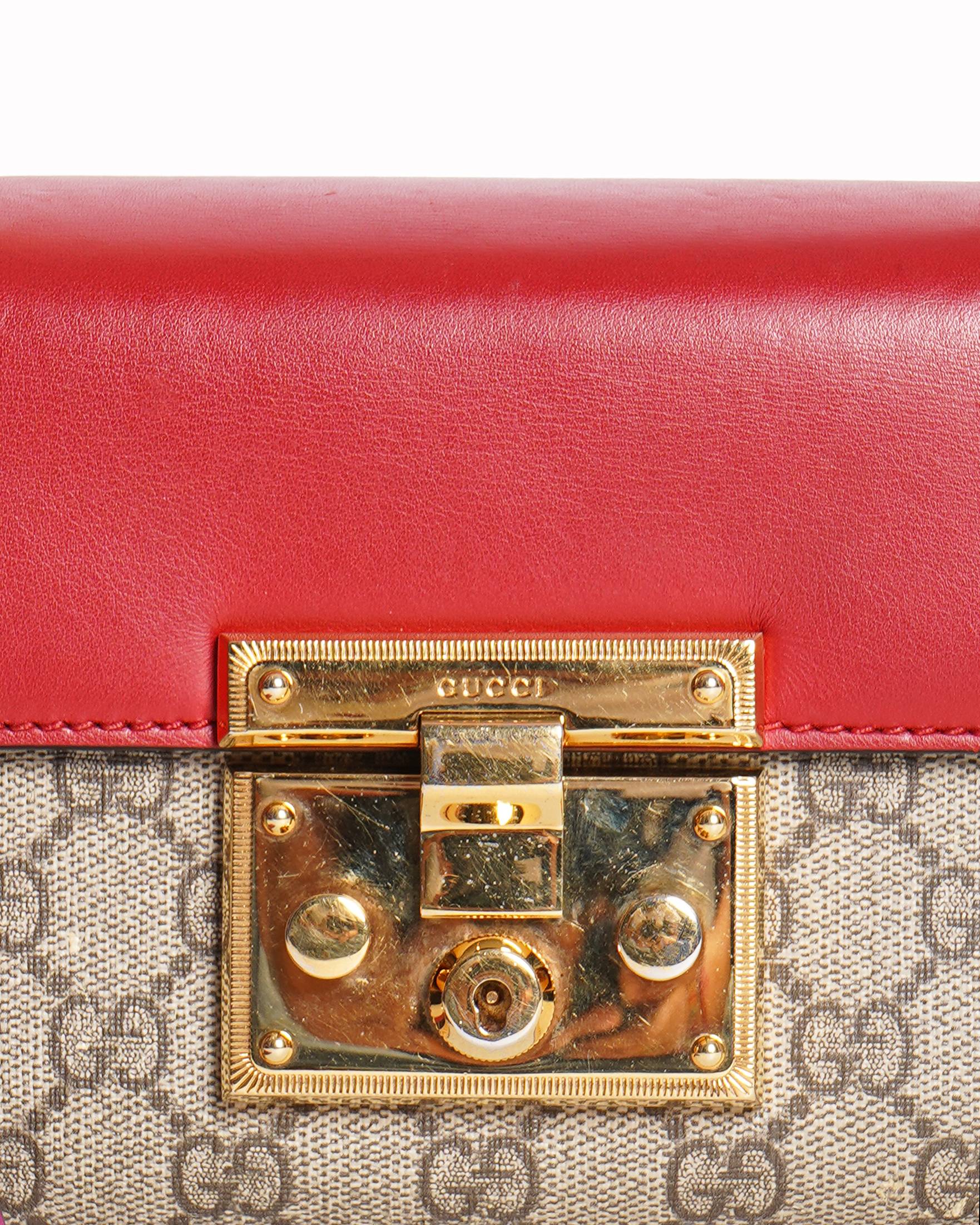 Gucci Red/Beige GG Supreme Canvas and Leather Small Padlock Shoulder Bag