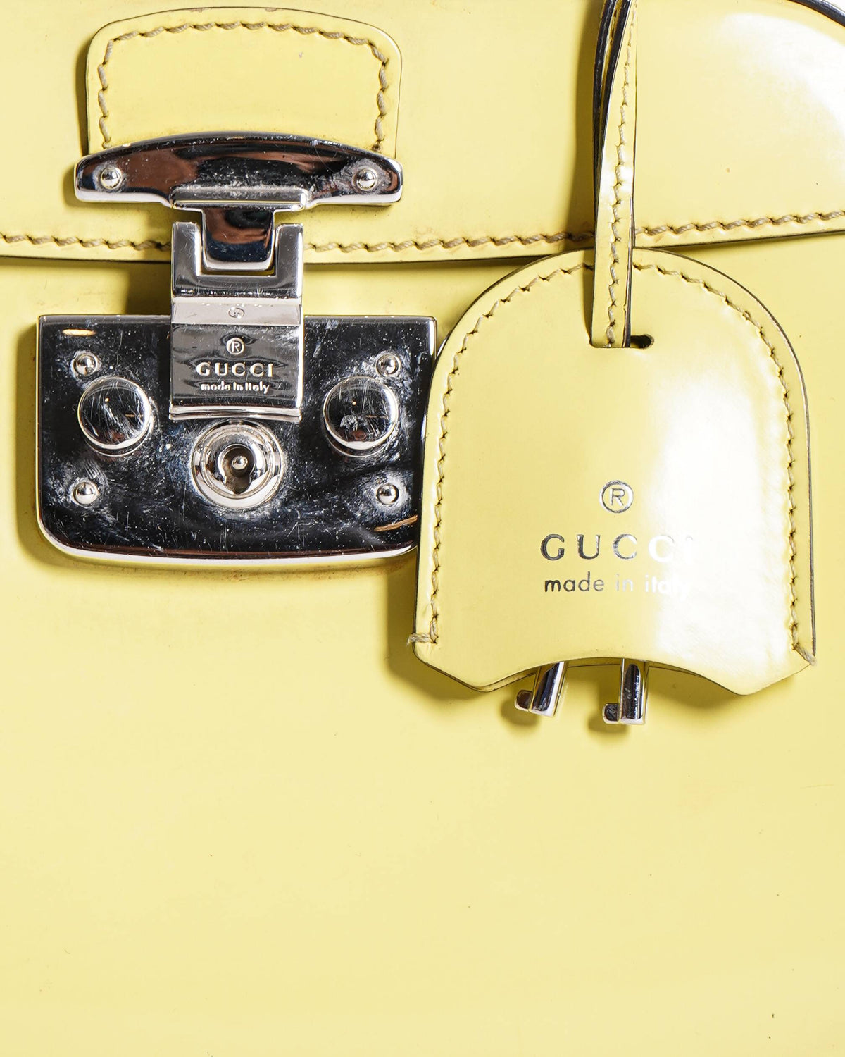 Gucci Yellow Patent Leather Lady Lock Bamboo Top Handle Bag
