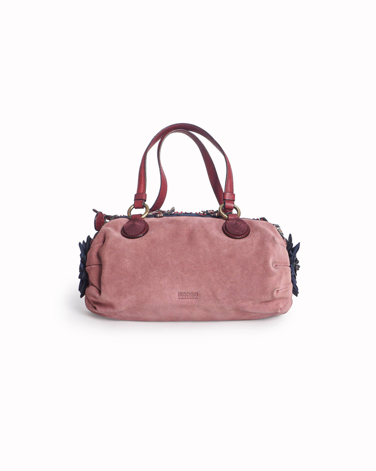 Moschino Rose Pink Suede Floral Embellished Satchel Bag